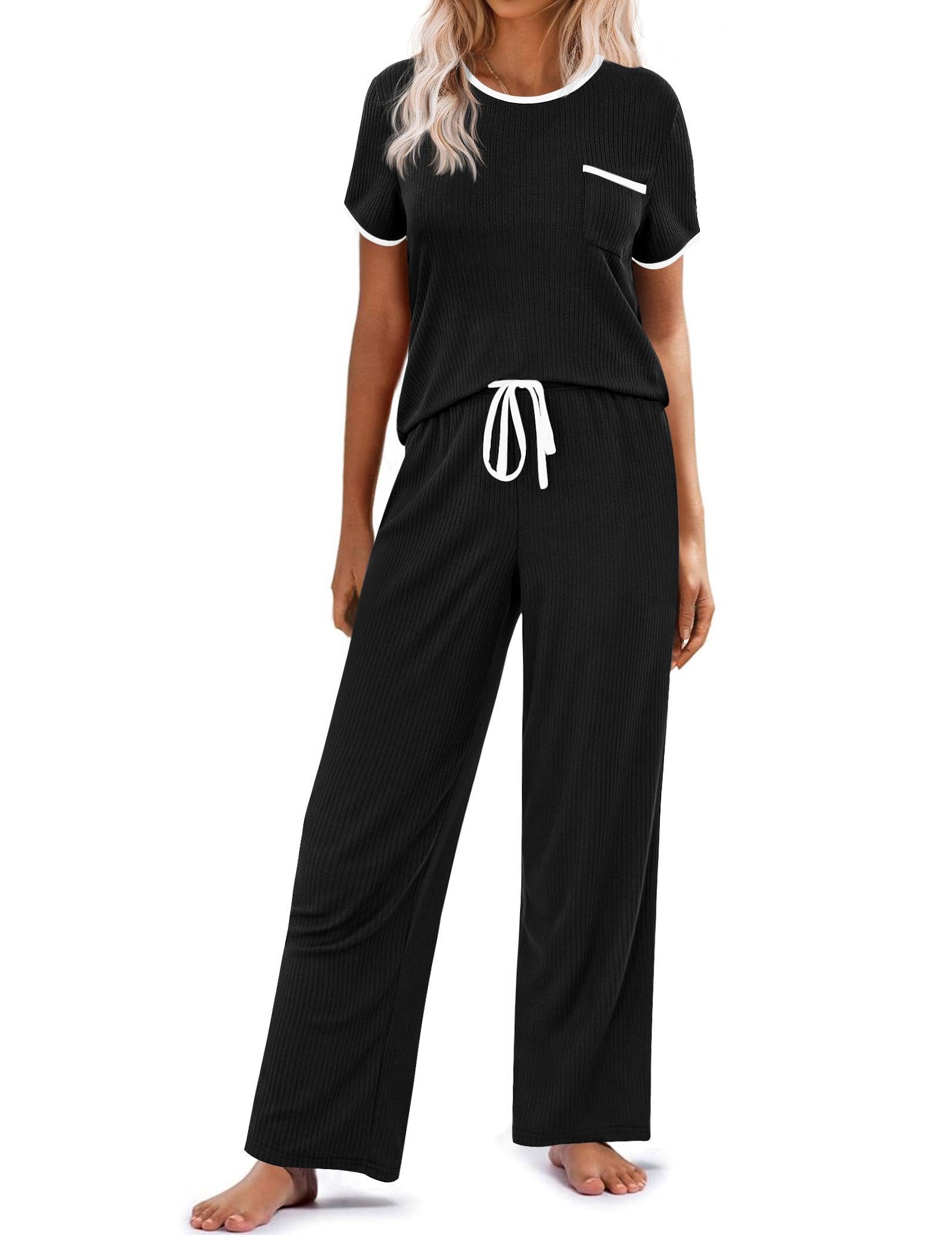 Ekouaer Women Lounge Pajamas Sets Ribbed Knit PJ Short Sleeve and Long Pajama Pant Soft 2 Piece Sleepwear Loungwear Set