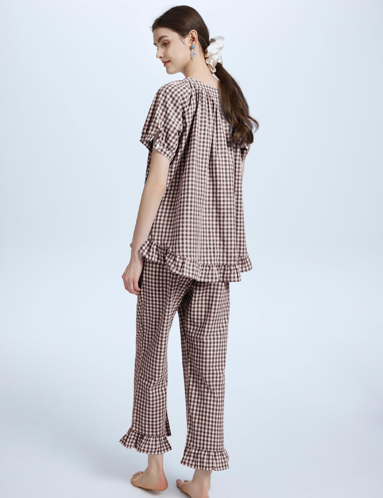 Flygo Womens Plaid 2 Piece Pajamas Sets Gingham Button Down Puff Sleeve Babydoll Shirt Ruffle Pants Y2K Pjs Lounge Set WEBE CLOTHING