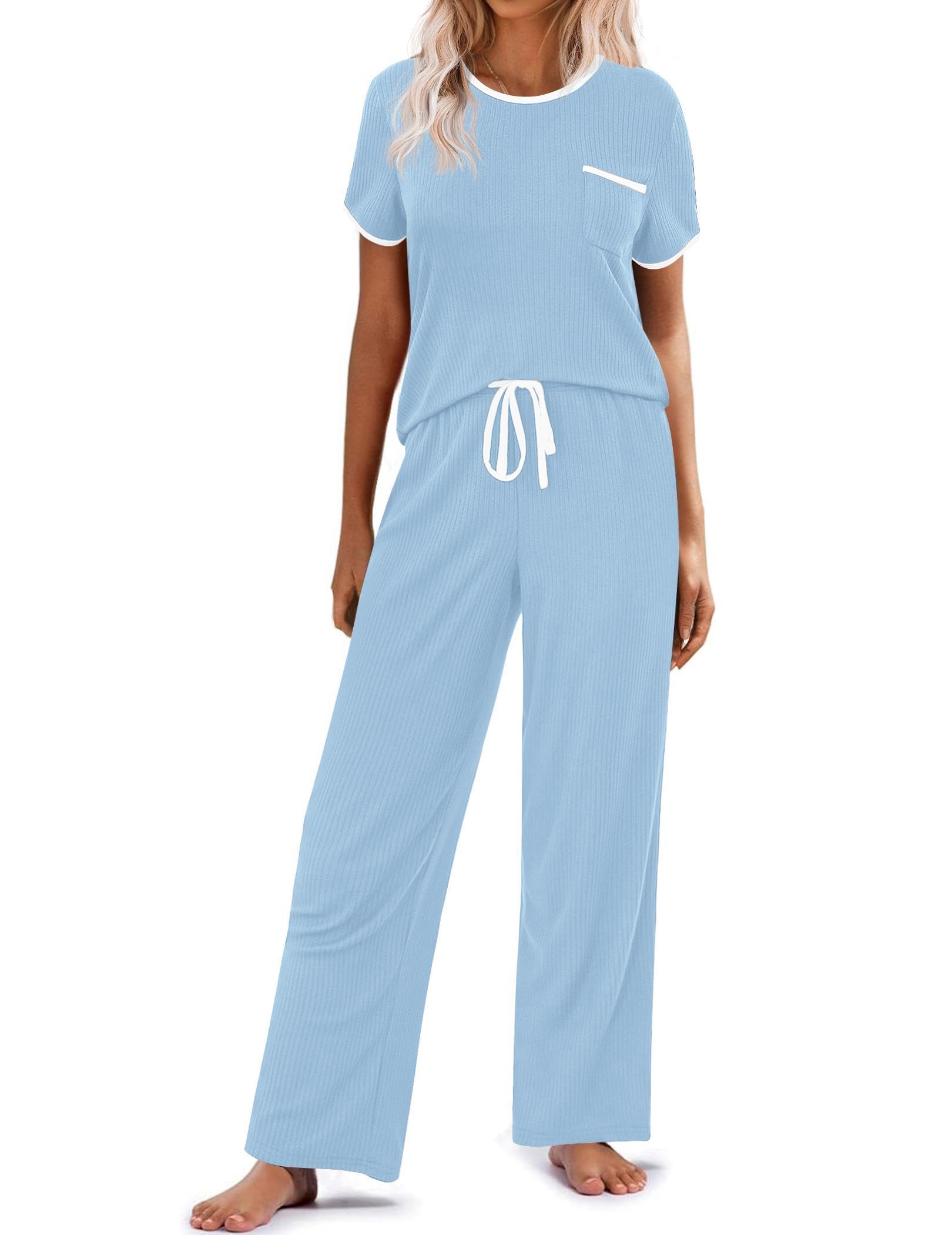 Ekouaer Women Lounge Pajamas Sets Ribbed Knit PJ Short Sleeve and Long Pajama Pant Soft 2 Piece Sleepwear Loungwear Set