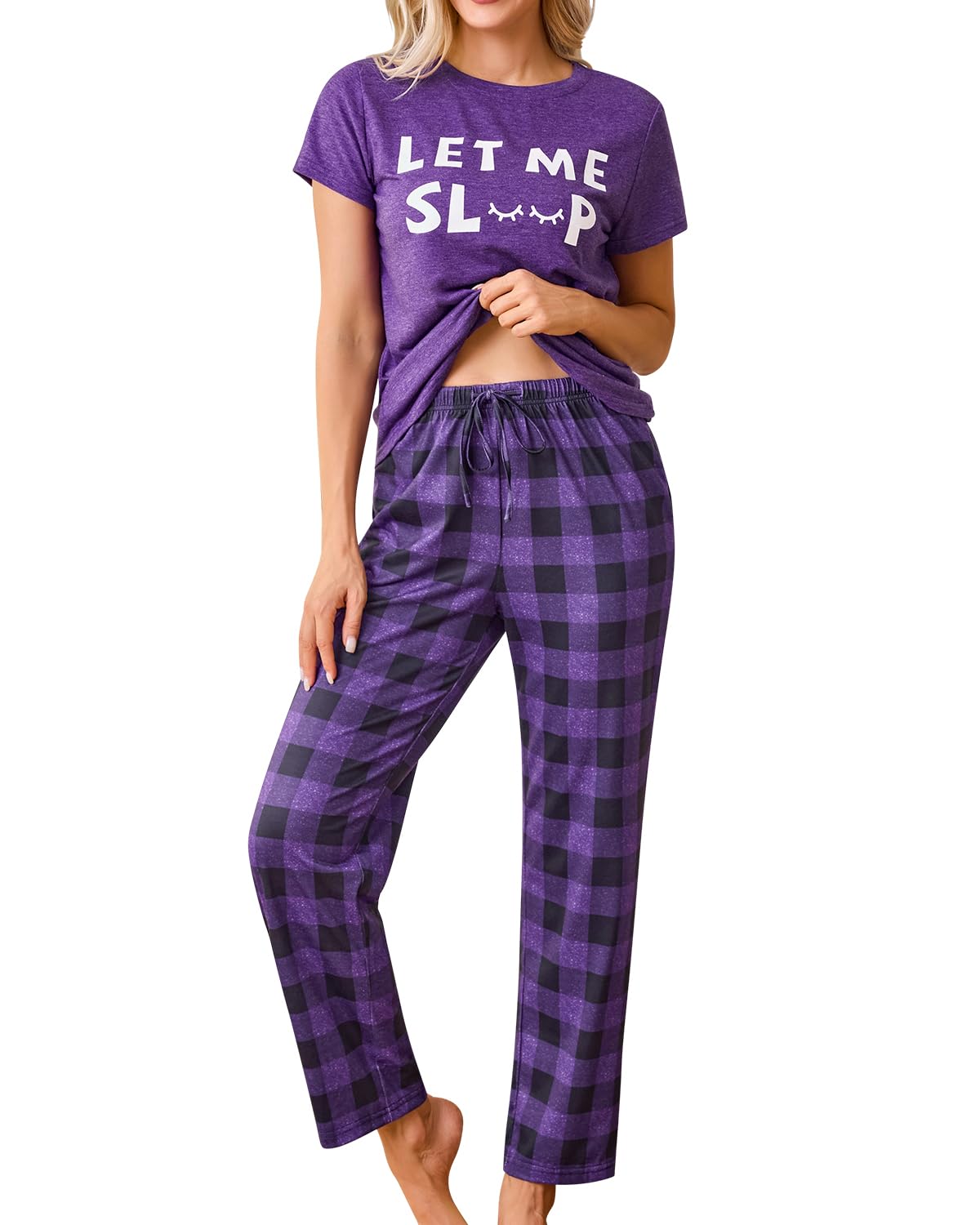 difficort Womens Pajama Sets Short Sleeve Pjs Tops with Long Pants Sleepwear Lounge Set with Pocket WEBE CLOTHING