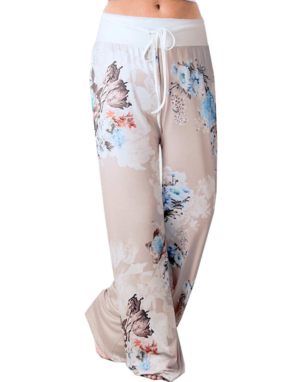iChunhua Women's Comfy Stretch Floral Print Drawstring Palazzo Wide Leg Lounge Pant