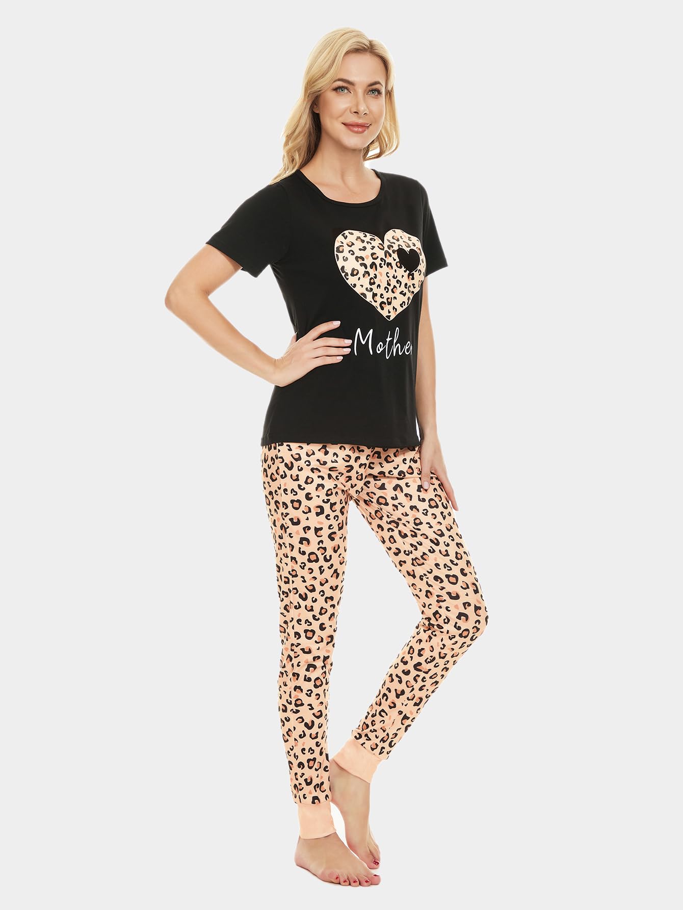 MyFav Mommy and Me Pajamas Heart Print Sleepwear Family Matching Short Sleeve Nightwear