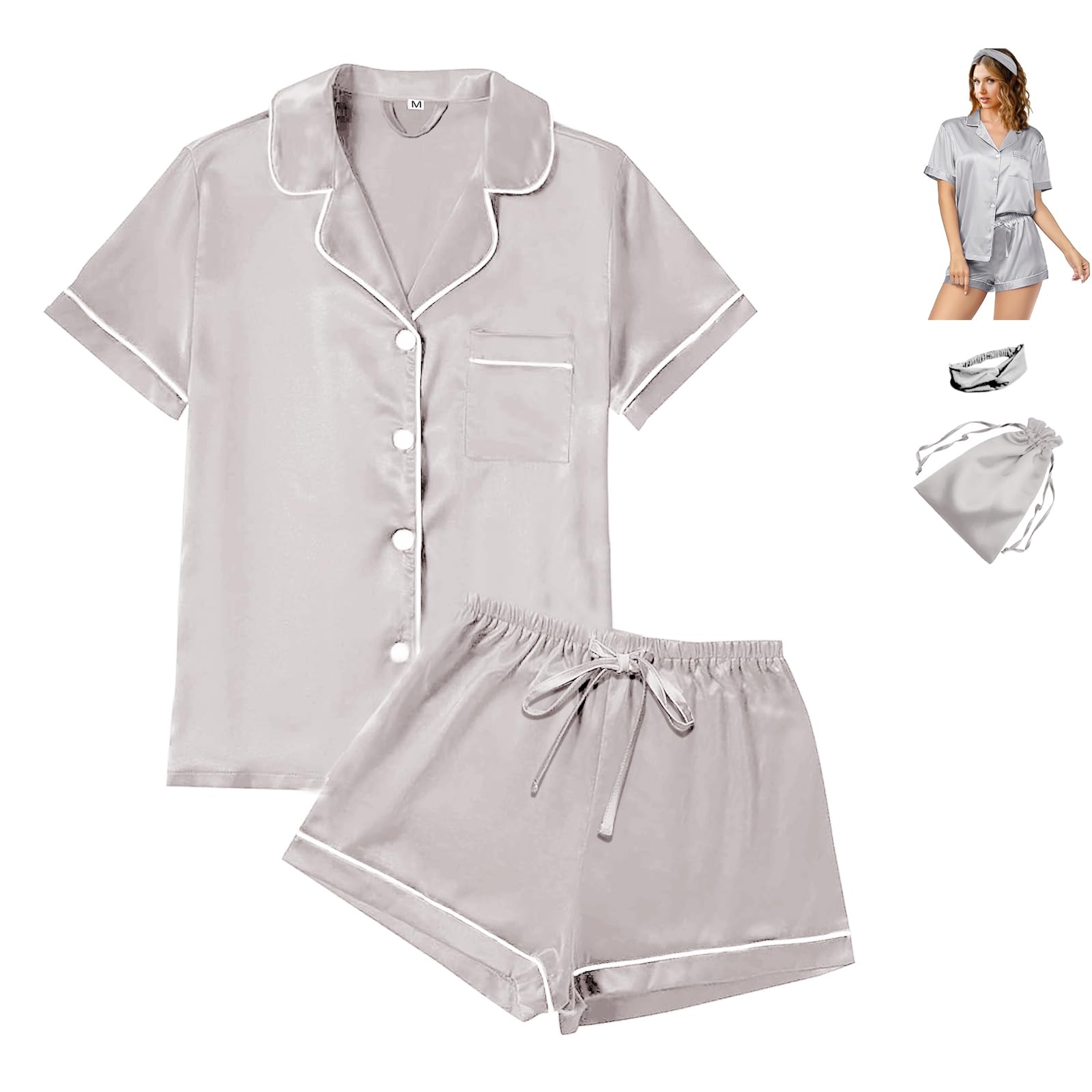 WJing Yi Jia 4Pcs Womens Satin Silky Pajama Sets Short Sleeve Shirt XS-4XL Floral Pajamas Set Soft PJ Loungewear Sleepwear