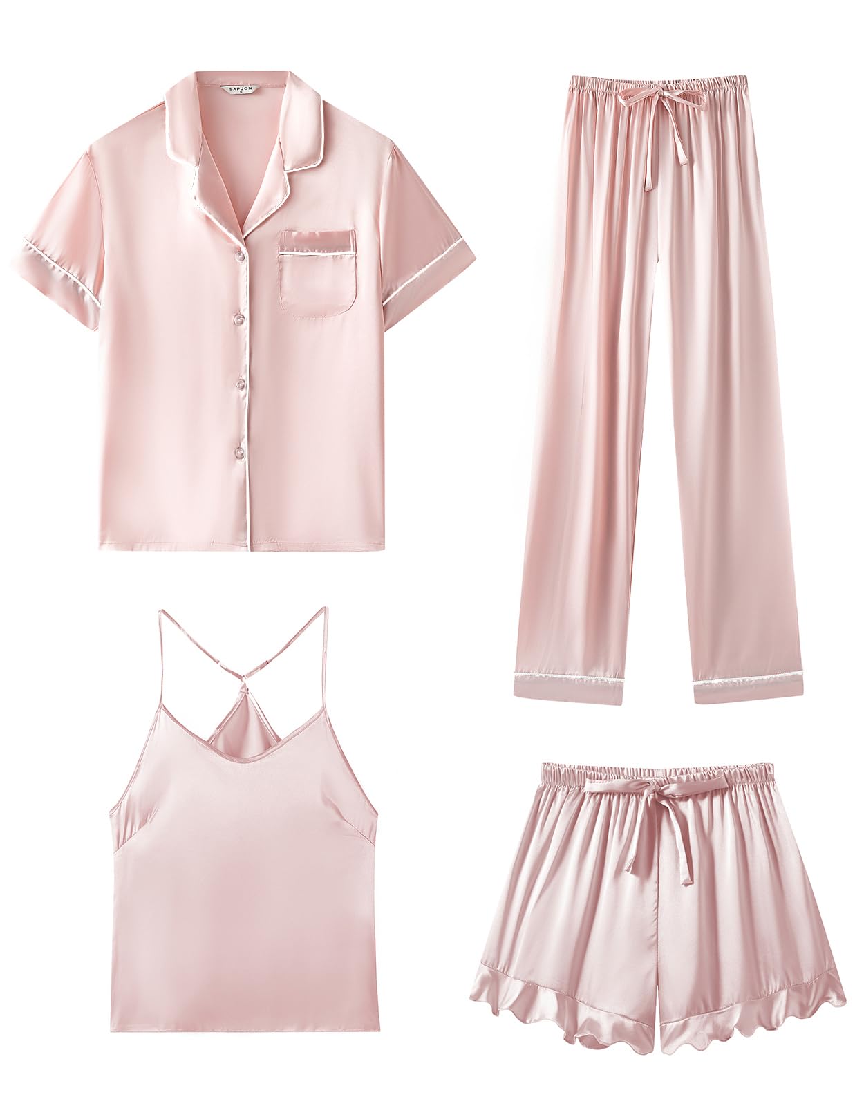 SAPJON Silk Pajamas for Women Set 4Pcs Ruffled Satin Pajamas Set Button Down Short Sleeve Cami Shorts Sleepwear Pj Set