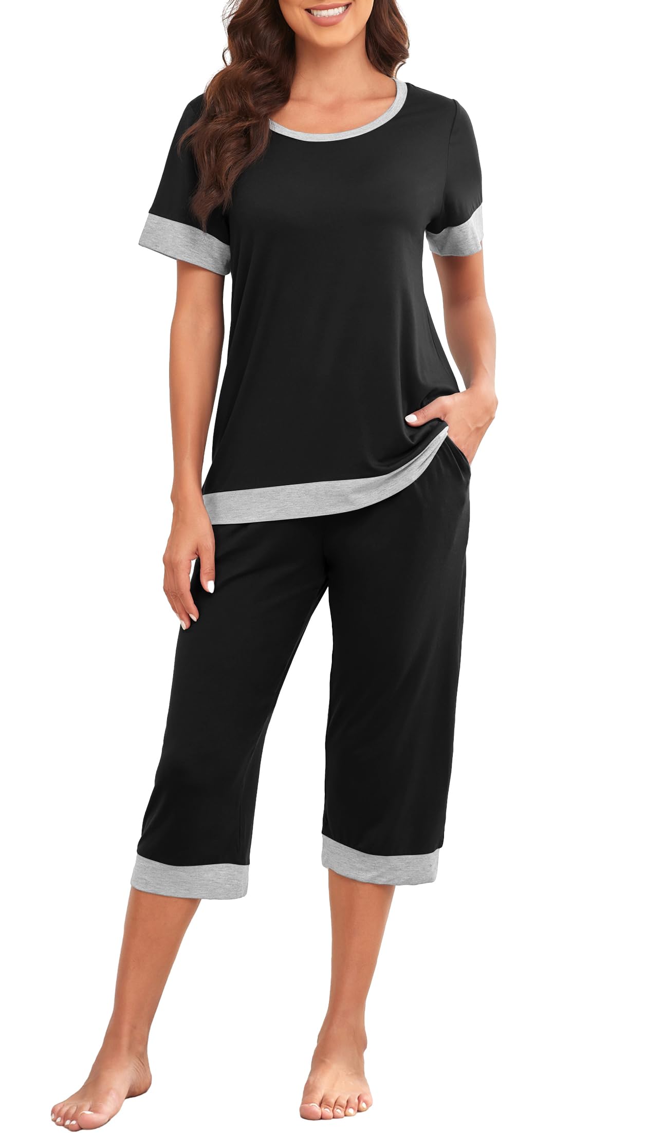 PrinStory Women's Pajama Set Short Sleeve Shirt and Capri Pants Sleepwear Pjs Sets Lounge Set WEBE CLOTHING