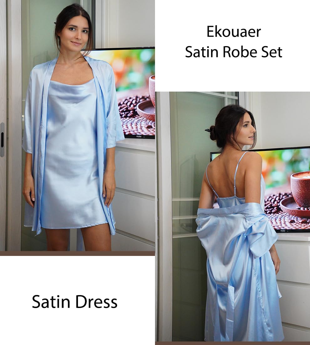 Ekouaer Women's Satin Robe Set Nightgown with Robes Silk Pajama Set 2 Pieces Lingerie Cowl Neck Cami Sleepwear Sets WEBE CLOTHING