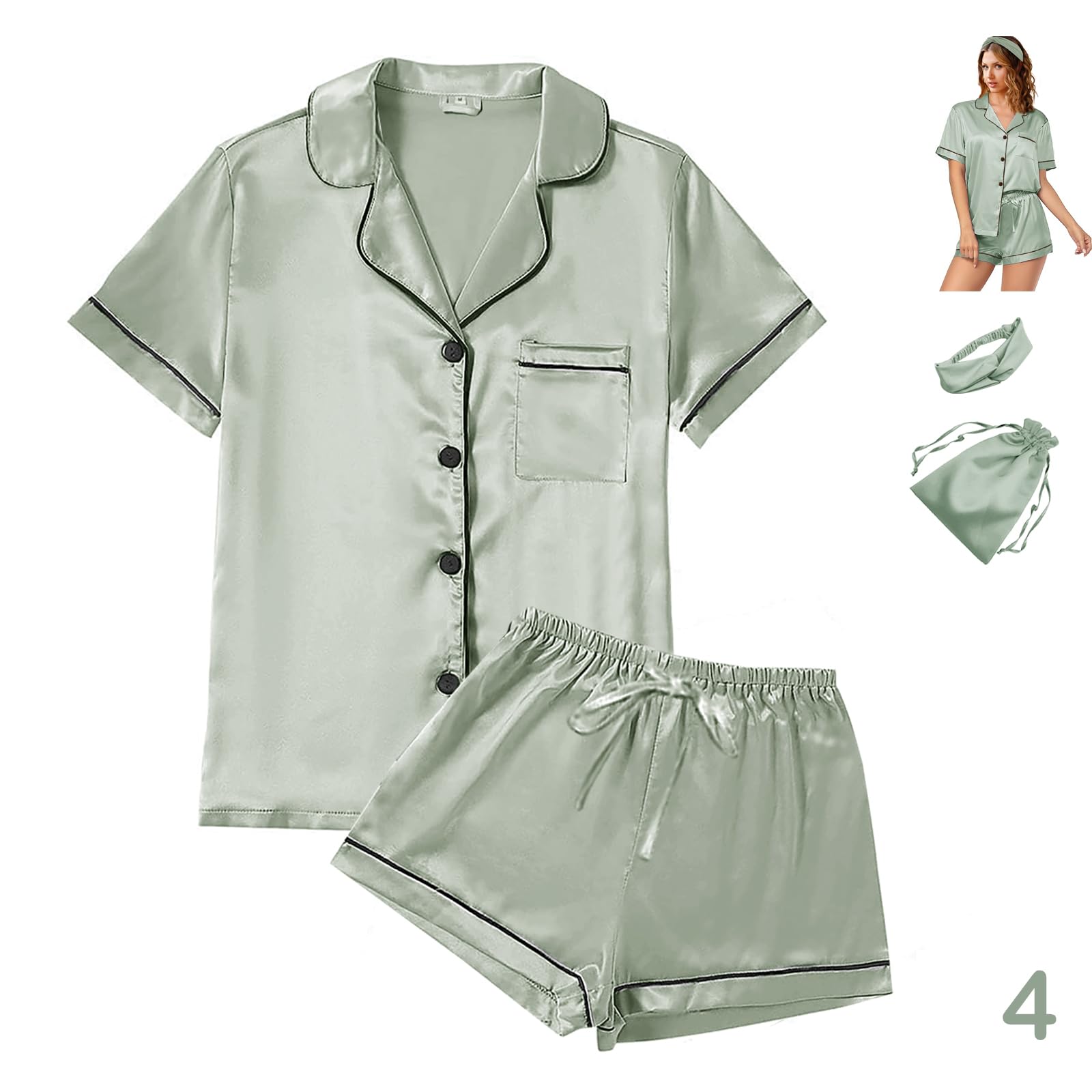 WJing Yi Jia 4Pcs Womens Satin Silky Pajama Sets Short Sleeve Shirt XS-4XL Floral Pajamas Set Soft PJ Loungewear Sleepwear