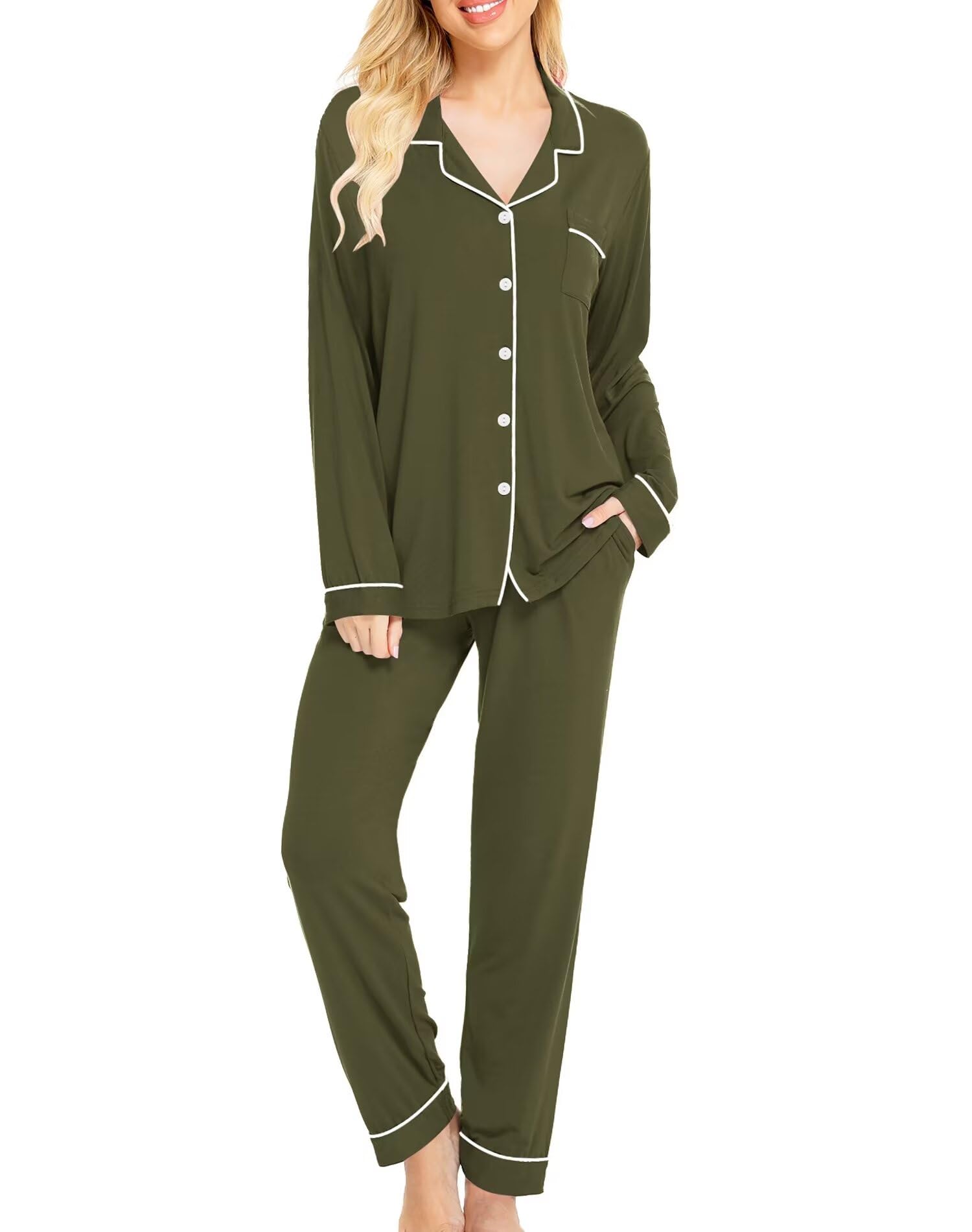 SWOMOG Womens Pajamas Set Long Sleeve Sleepwear Button Down Nightwear Soft Cotton Pj Lounge Sets