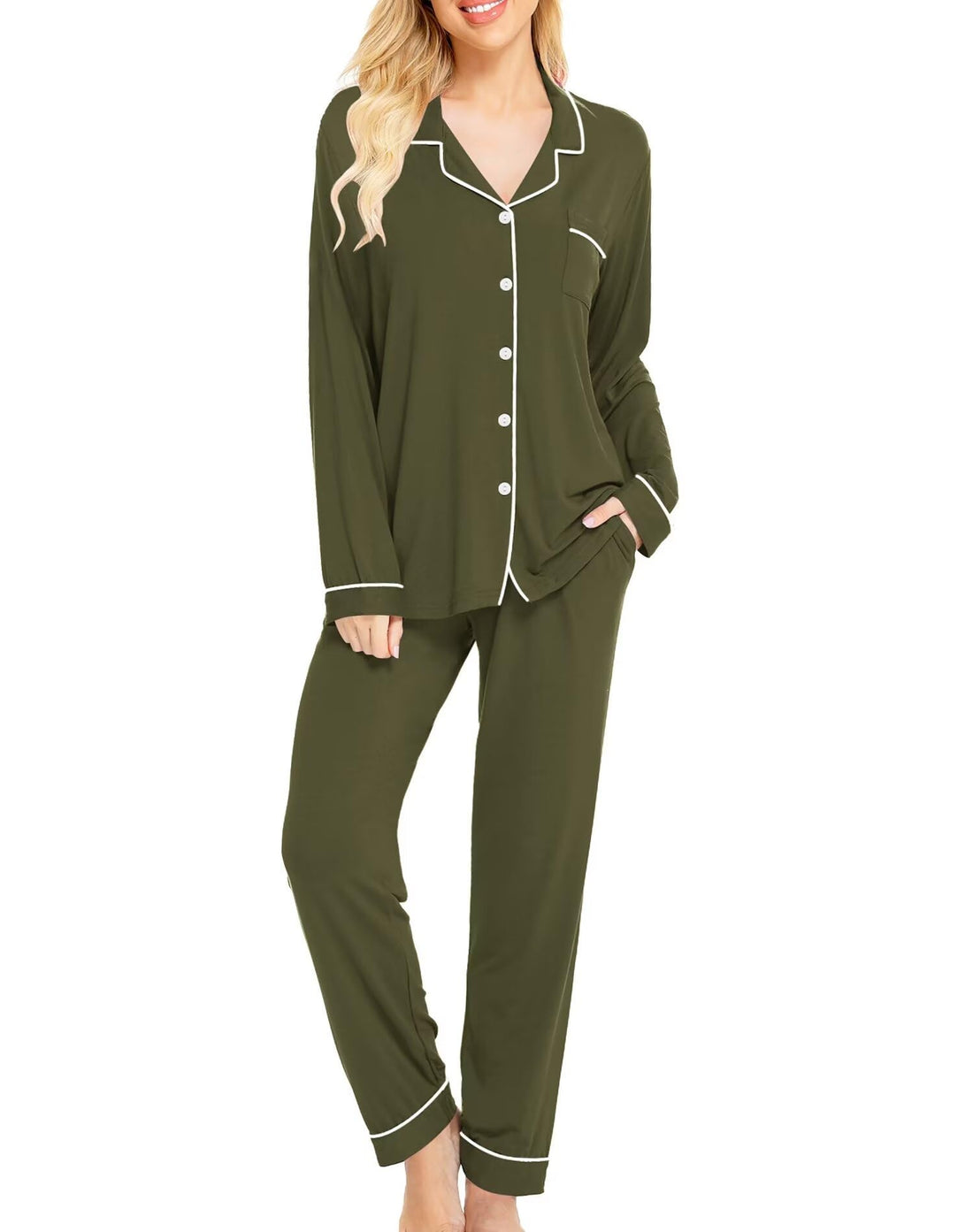 SWOMOG Womens Pajamas Set Long Sleeve Sleepwear Button Down Nightwear Soft Cotton Pj Lounge Sets