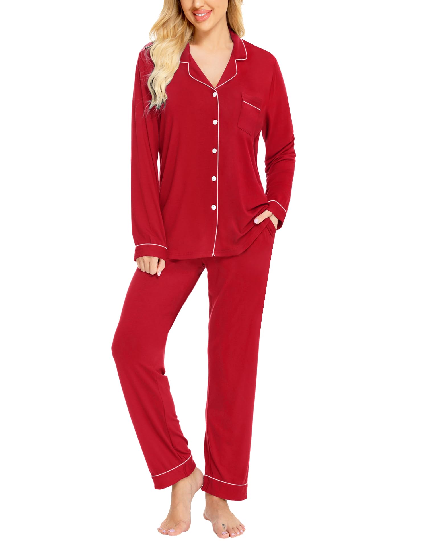 SWOMOG Womens Pajamas Set Long Sleeve Sleepwear Button Down Nightwear Soft Cotton Pj Lounge Sets