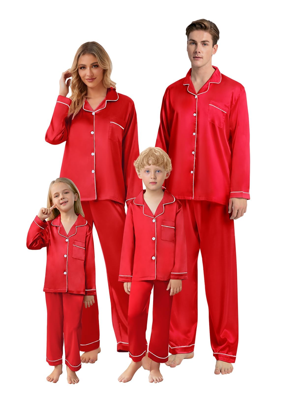 Schbbbta Christmas Family Silk Pajamas Matching Sets Long Sleeve Pj Set Satin Button Down Holiday Sleepwear