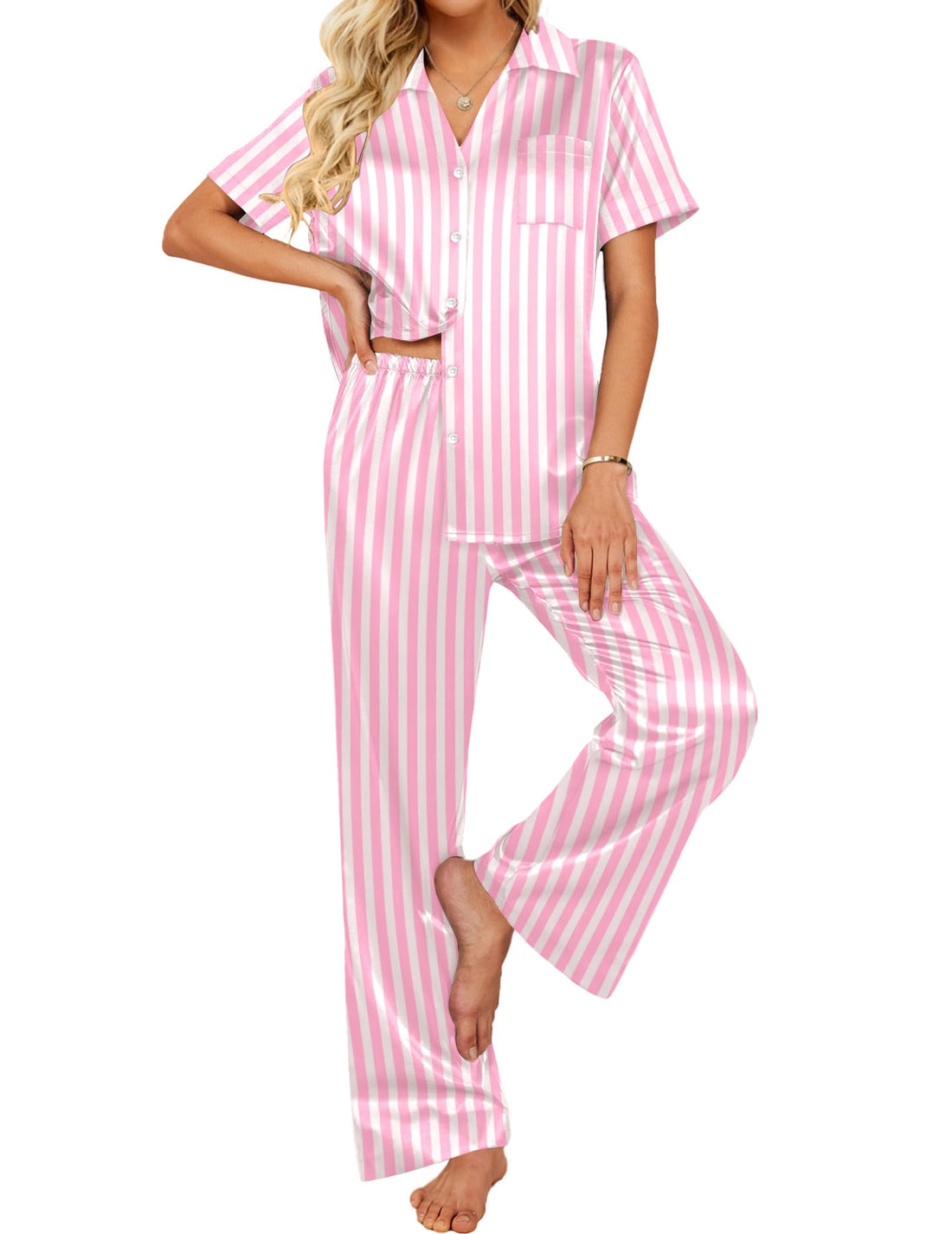 Ekouaer Silk Pajamas for Womens Set 2 Piece Satin Pjs Soft Button Down Sleepwear Wide Leg Long Pants with Pockets