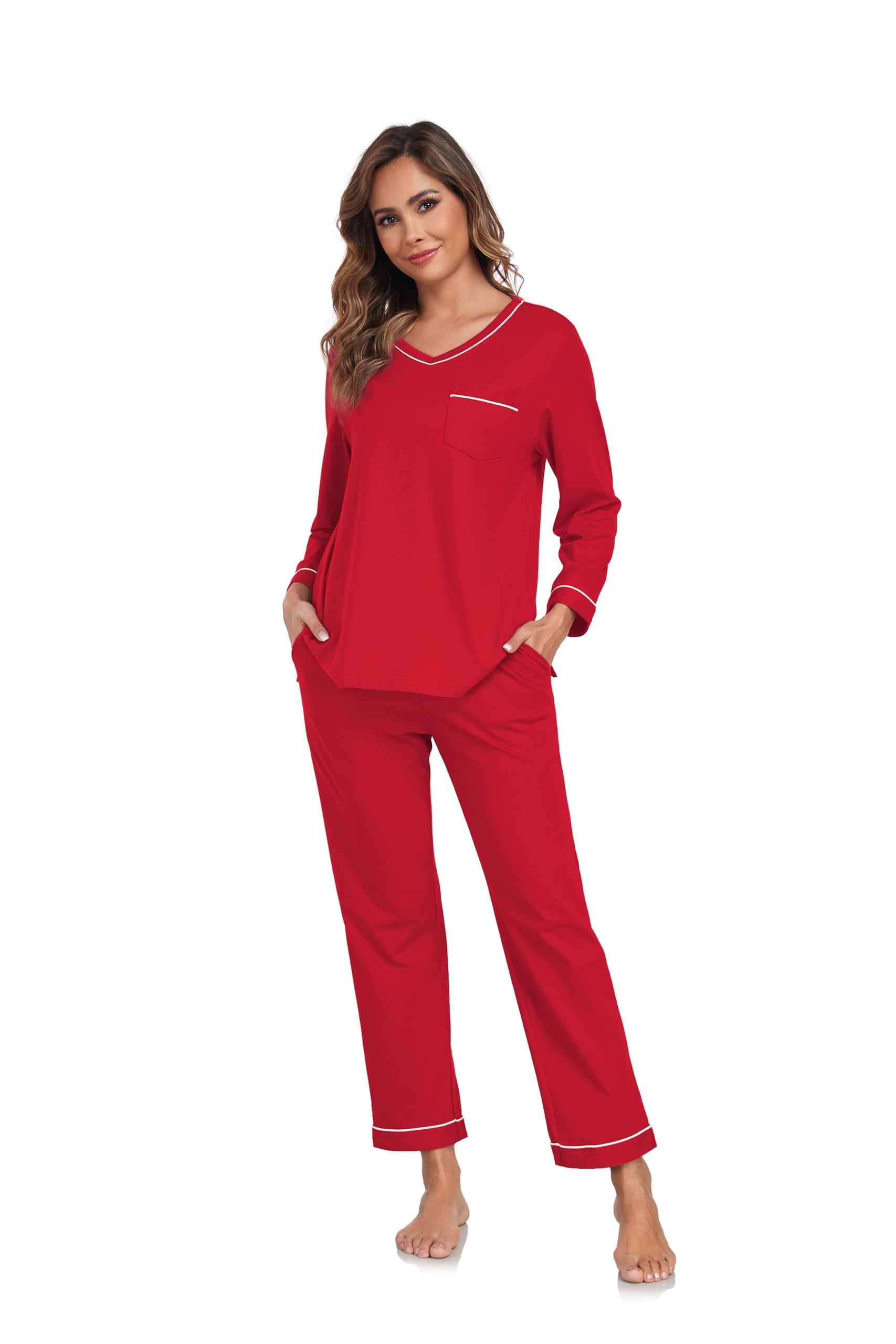 EA'S SECRET 100% cotton Pajamas for Women Summer Lightweight Long Sleeve Pjs 2 Piece Soft Lounge Sleepwear with pocket