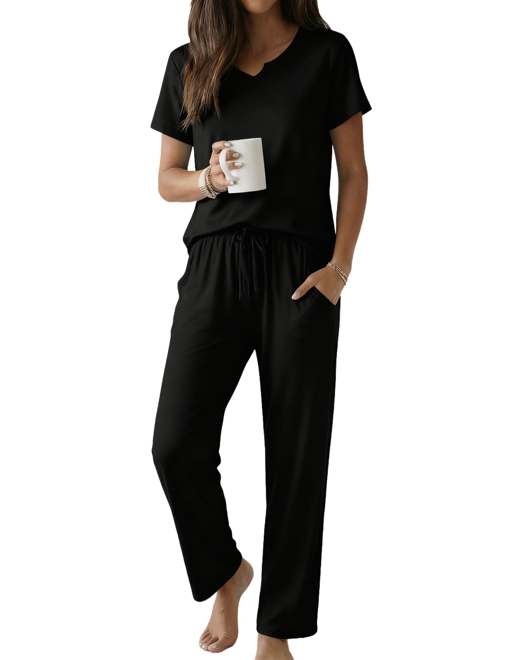 Ekouaer 2 Piece Womens Pajamas Short Sleeve Top and Long Pants Pjs Set Printed Sleepwear with Pocket WEBE CLOTHING