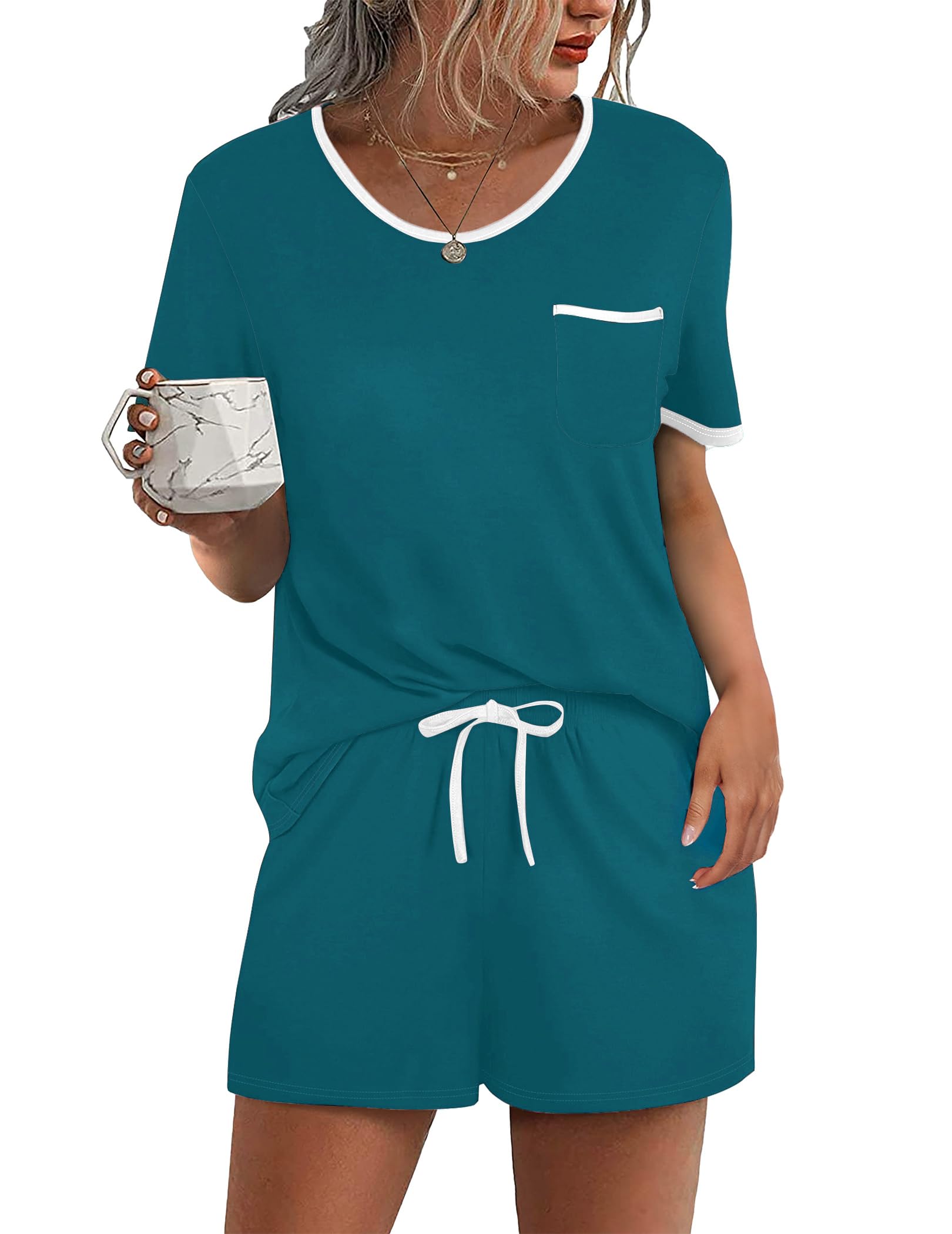 Ekouaer Pajama Set for Women 2 Piece Lounge Set Short Sleeve Tops and Shorts Soft Sleepwear, Chest Pocket