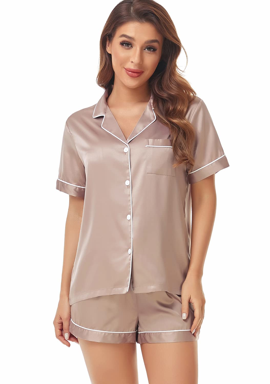 Serenedelicacy Women's Satin Pajama Set 2-Piece Sleepwear Loungewear Button Down Short Sleeve Silky PJ Set WEBE CLOTHING