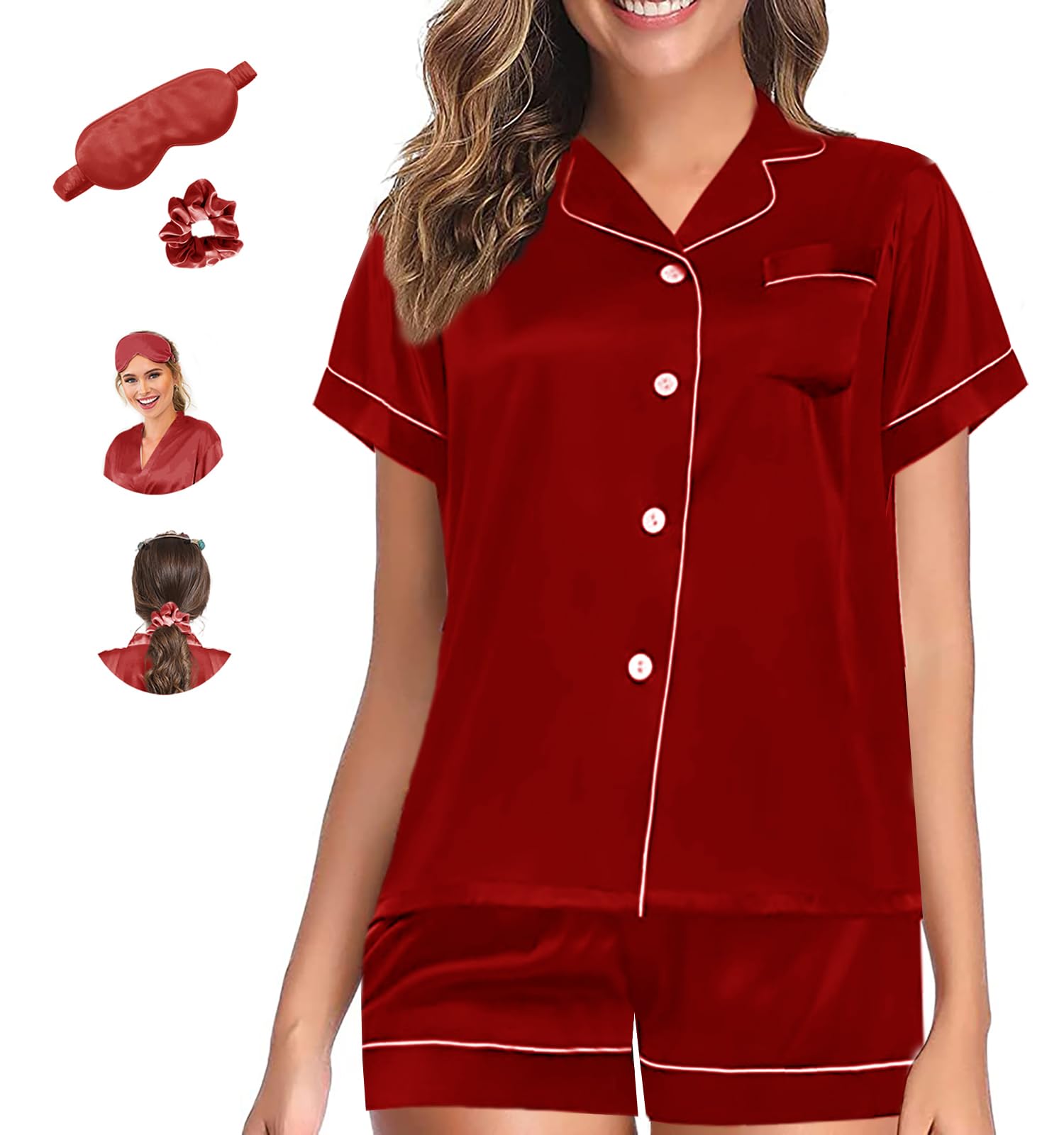 WJing Yi Jia Womens Pajama Sets XS-4XL Silk Satin Pajamas Set Floral 2Pcs Pj Sets Button Down Pjs Set Sleepwear Loungewear