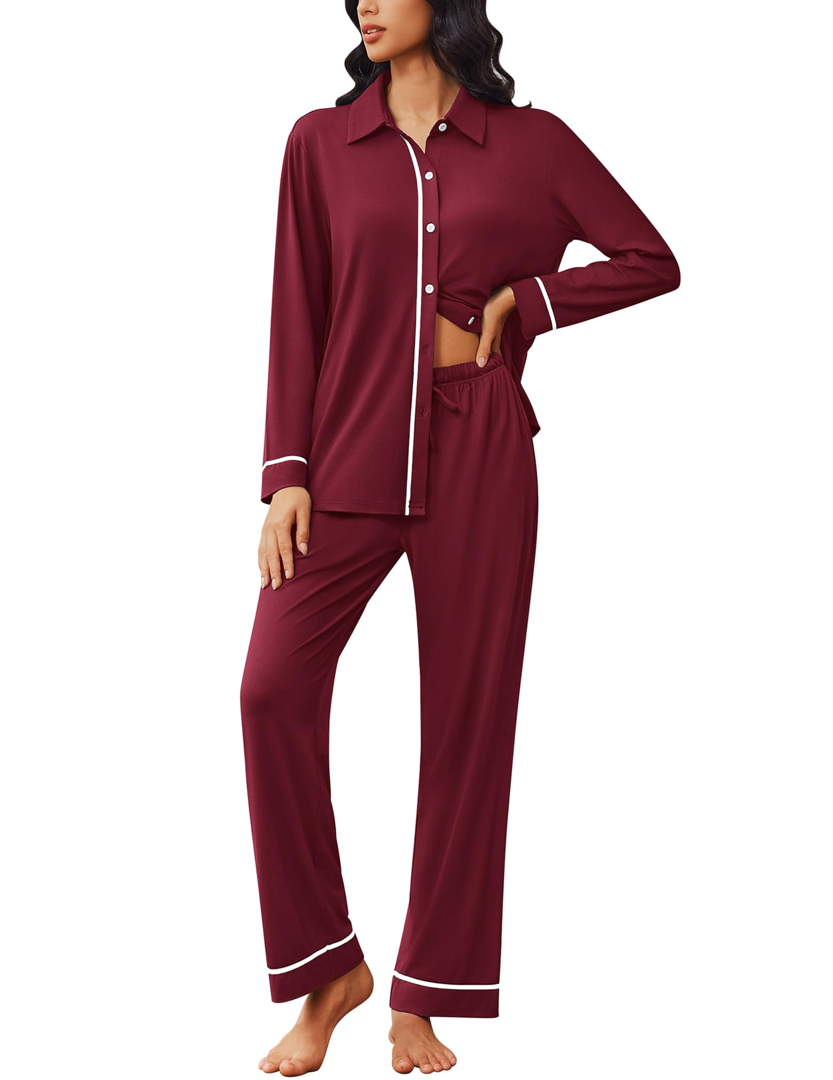 Ekouaer Womens Pajama Sets Long Sleeve Sleepwear Soft Button Down Pjs 2 Piece Loungewear witn Pants S-XXL