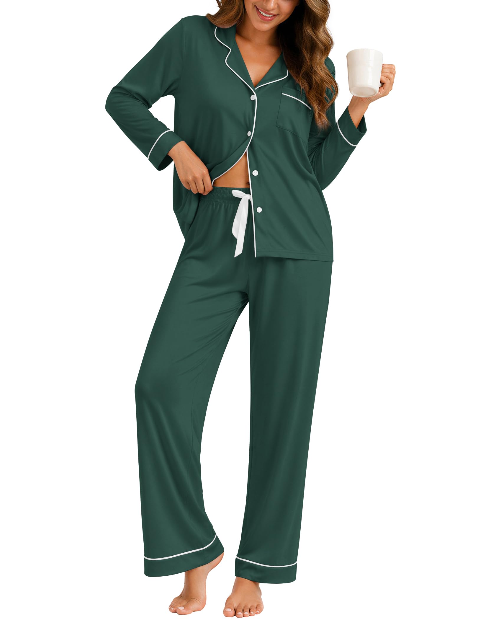 ZMJ Womens Pajamas Sets 2 Piece Long Sleeve and Pant Pj Sets Button Up Sleepwear