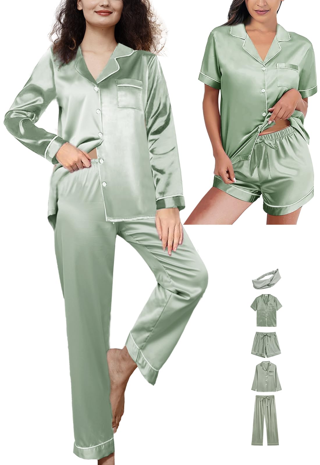 5Pcs Womens Satin Pajamas Set Silk Pajama Pjs XS-2XL Silky Pj Sets Button Down Sleepwear Nightwear Loungewear