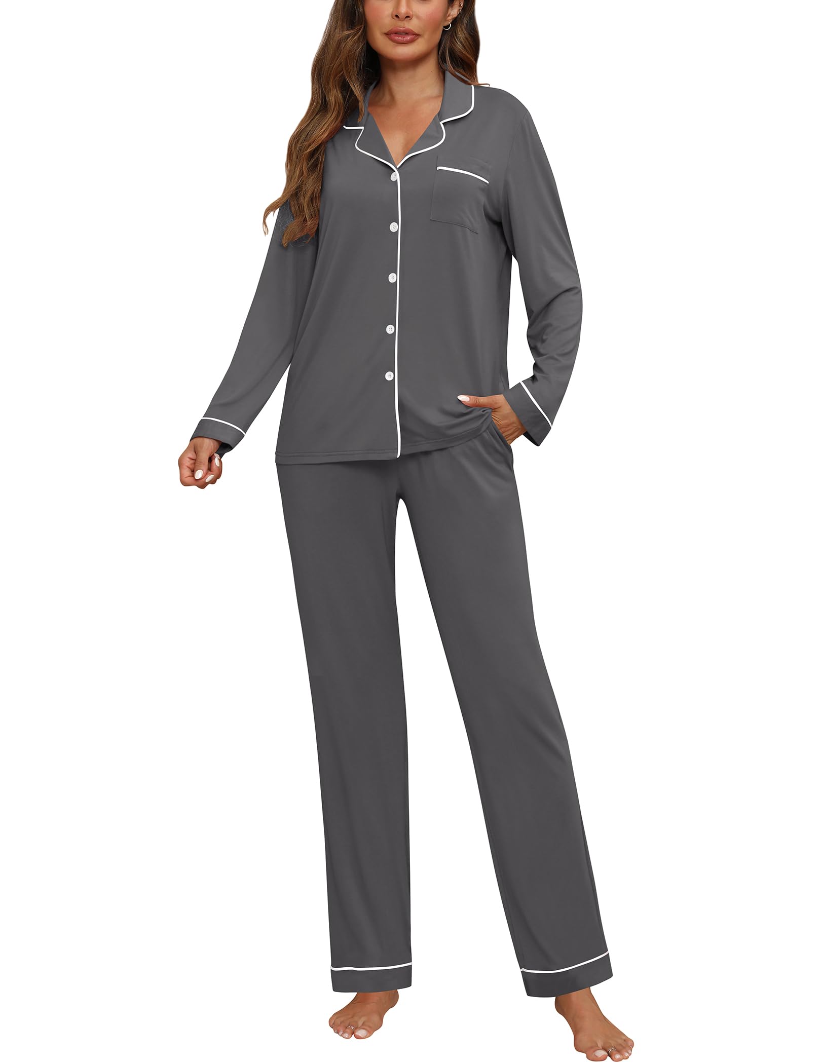 ZMJ Womens Pajamas Sets 2 Piece Long Sleeve and Pant Pj Sets Button Up Sleepwear