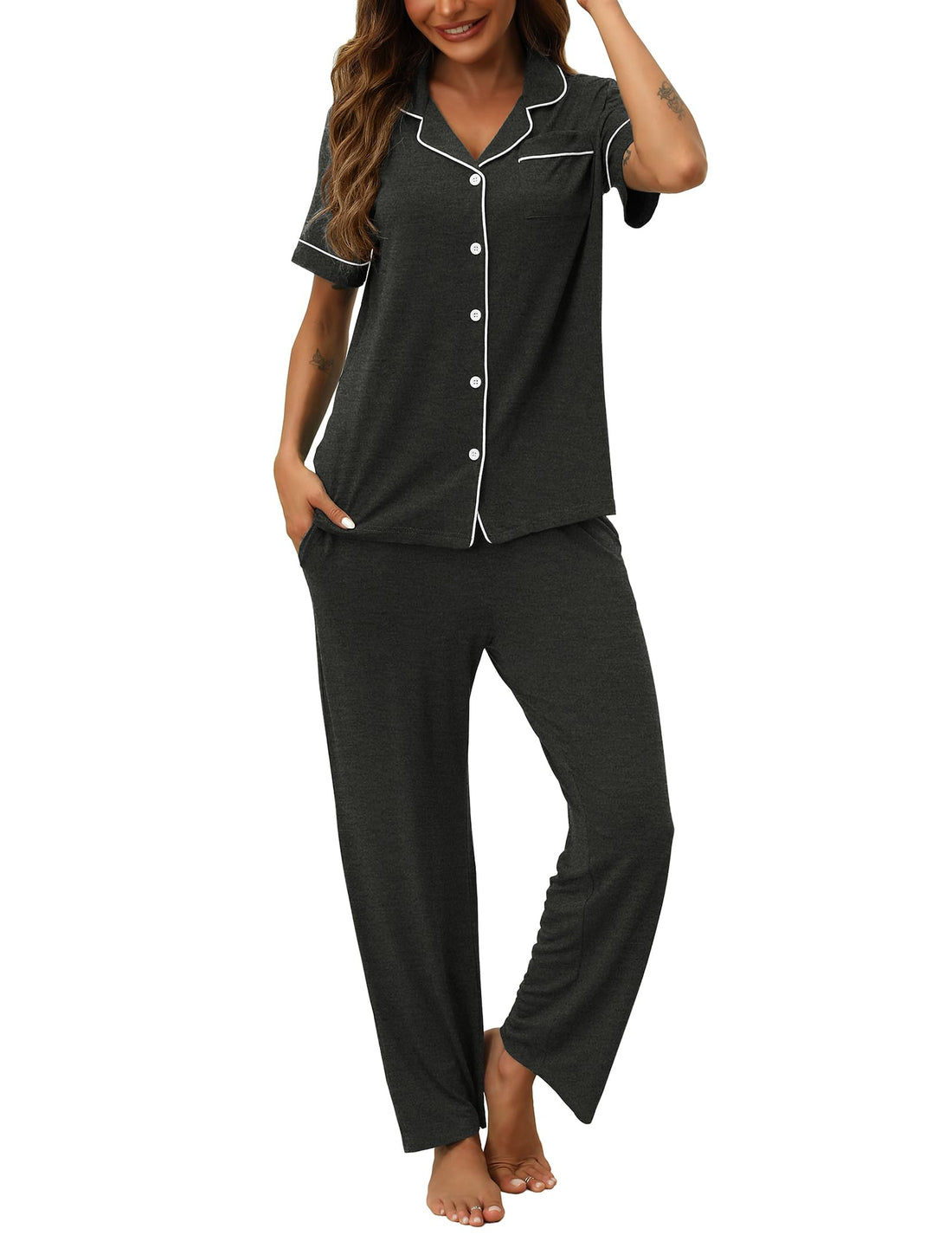 HNG Women Pajamas Set 2 Piece Button Up Pajamas Pant and Short Sleeve Shirt for Woman Pj Sets with Pocket