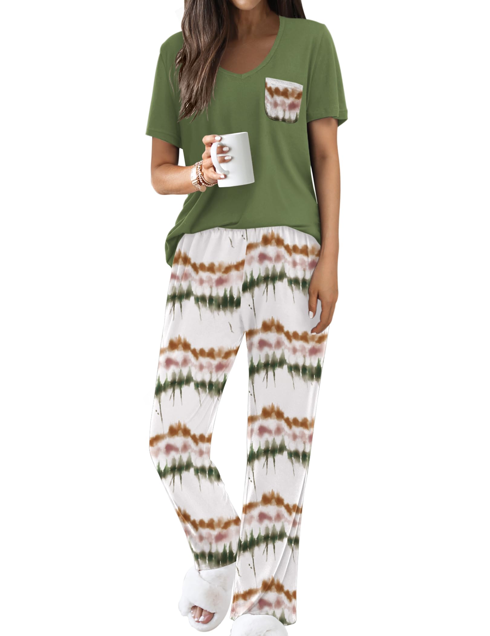 Ekouaer Pajama Sets for Women Short Sleeve Pj Set V Neck Sleepwear Chest Pocket with Long Pants Casual Loose Loungewear WEBE CLOTHING