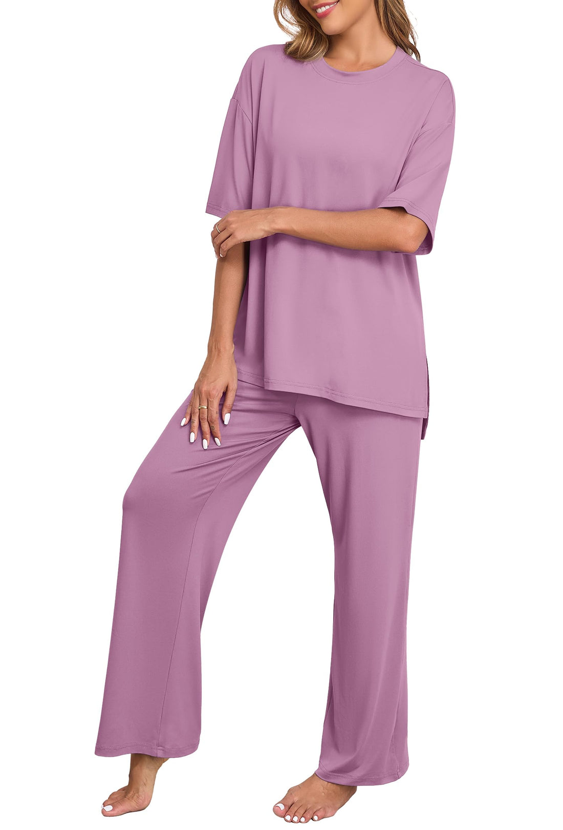 PrinStory Womens Pajamas Sets 2 Piece Lounge Set Short Sleeve Tops and Long Pants Soft Pjs Loungewear with Pockets