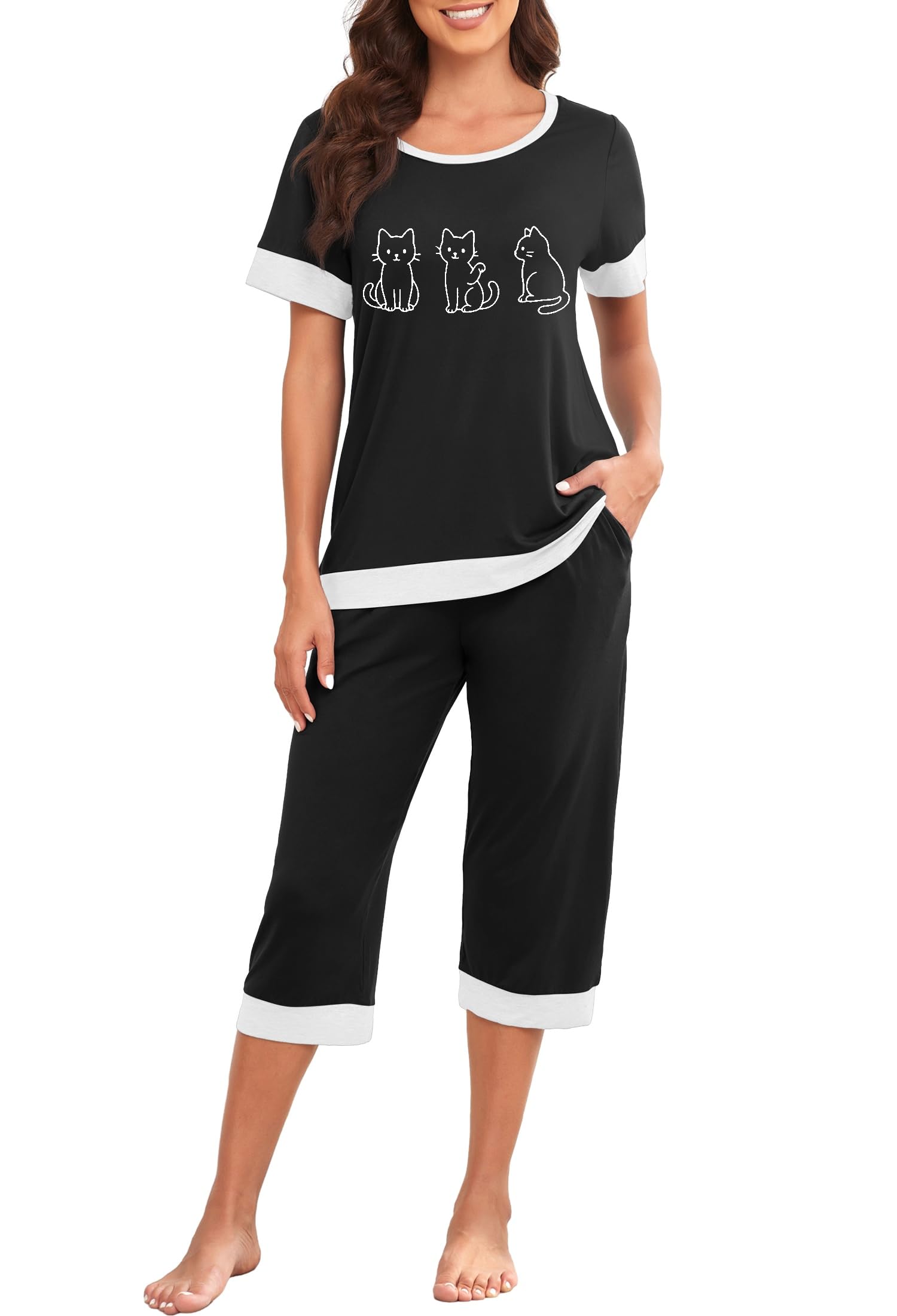 PrinStory Women's Pajama Set Short Sleeve Shirt and Capri Pants Sleepwear Pjs Sets Lounge Set WEBE CLOTHING
