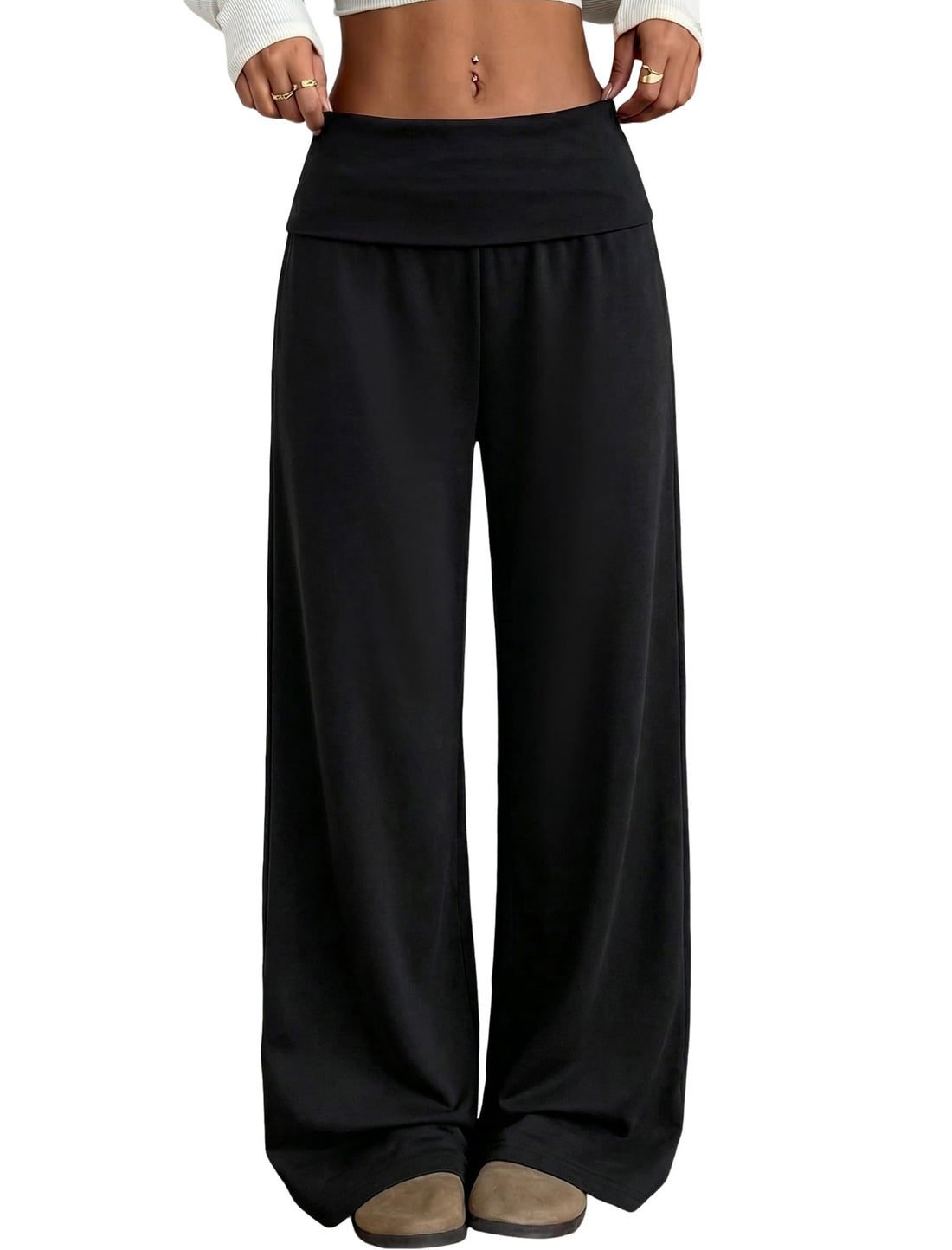 ZAFUL Women's Striped Pants Casual Fold Waist Wide Leg Pants Lightweight Comfy Stretchy Loose Lounge Pajama Pants