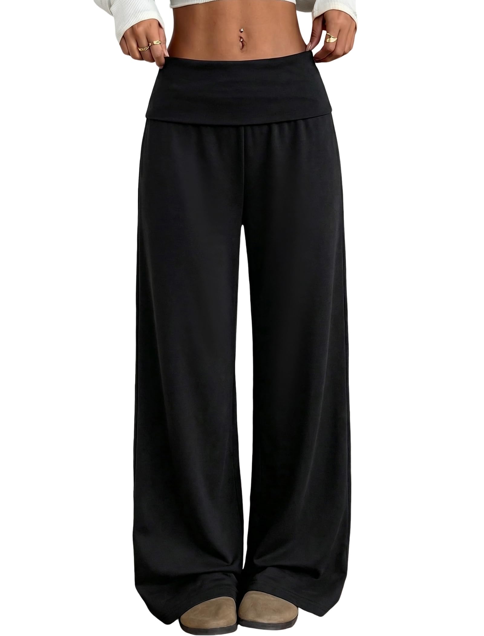 ZAFUL Women's Striped Pants Casual Fold Waist Wide Leg Pants Lightweight Comfy Stretchy Loose Lounge Pajama Pants