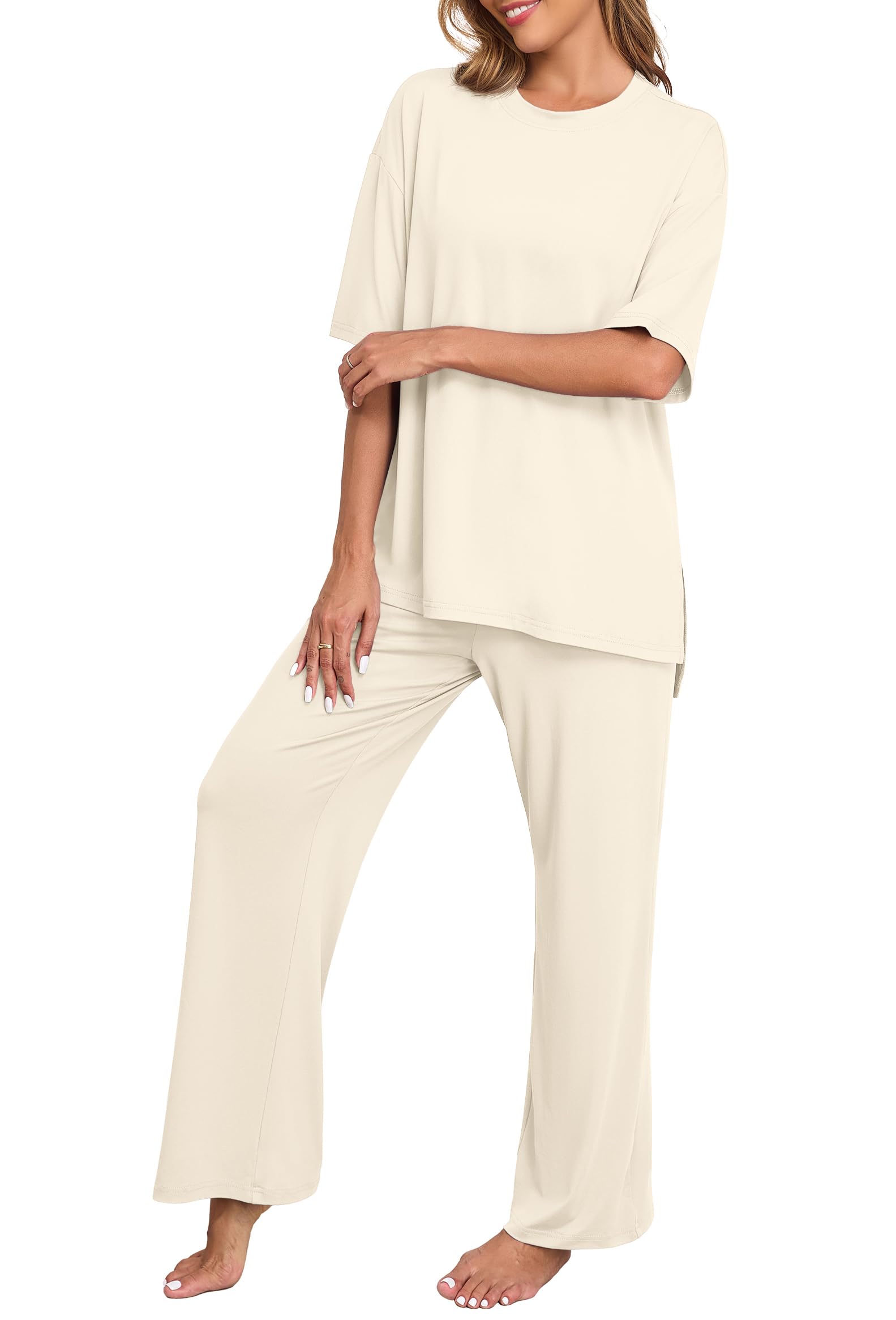 PrinStory Womens Pajamas Sets 2 Piece Lounge Set Short Sleeve Tops and Long Pants Soft Pjs Loungewear with Pockets