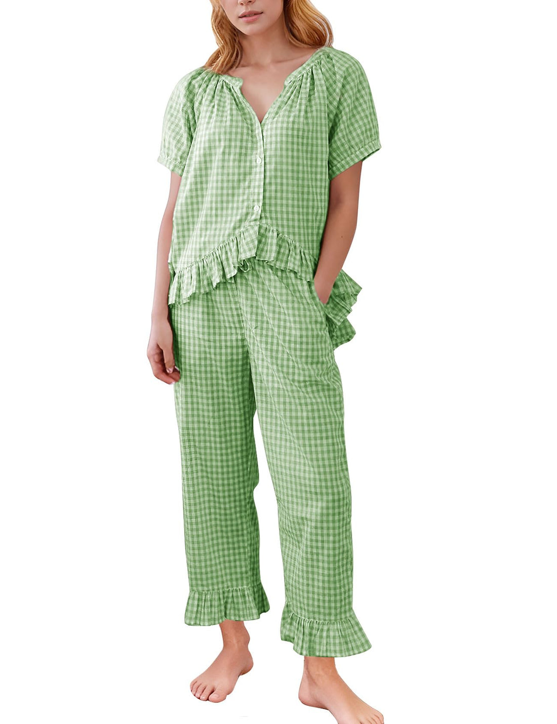 Flygo Womens Plaid 2 Piece Pajamas Sets Gingham Button Down Puff Sleeve Babydoll Shirt Ruffle Pants Y2K Pjs Lounge Set WEBE CLOTHING