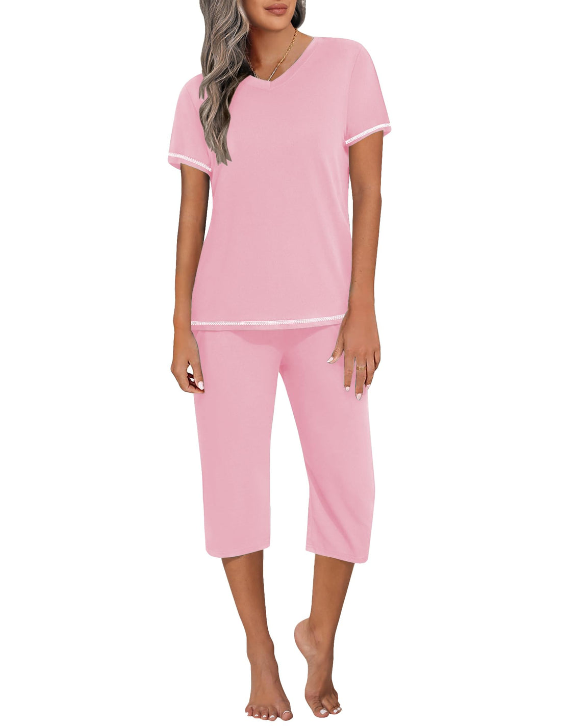 Ekouaer Women's Sleepwear Capri Pajama Sets Short Sleeve Two-Piece Pjs V Neck Tops & Capri Pants with Pockets S-3XL