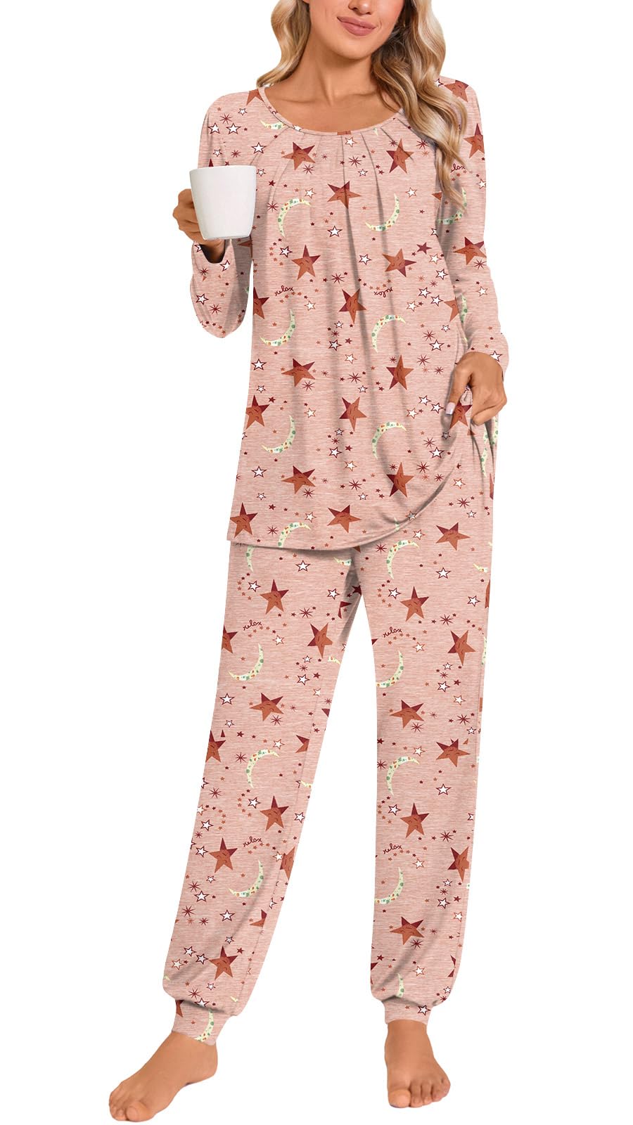 Anymeet Womens Pajama Sets Fall Winter Long Sleeve 2 Piece Sleepwear Soft Lounge Outfits with Pockets