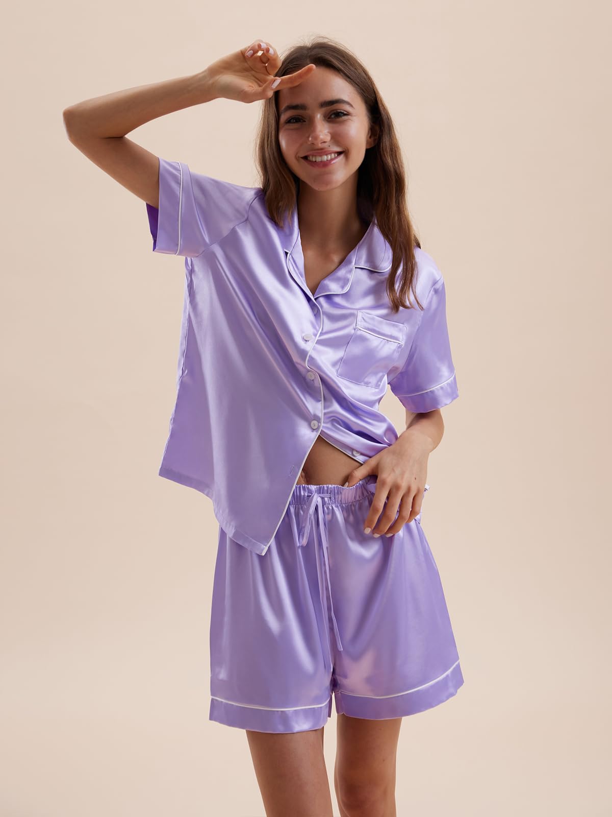 Satin Pajamas for Women Set,Silky Short Sleeve Ladies Pajama,Woman's 2 Piece Sleepwear,Bridal Wedding Pjs