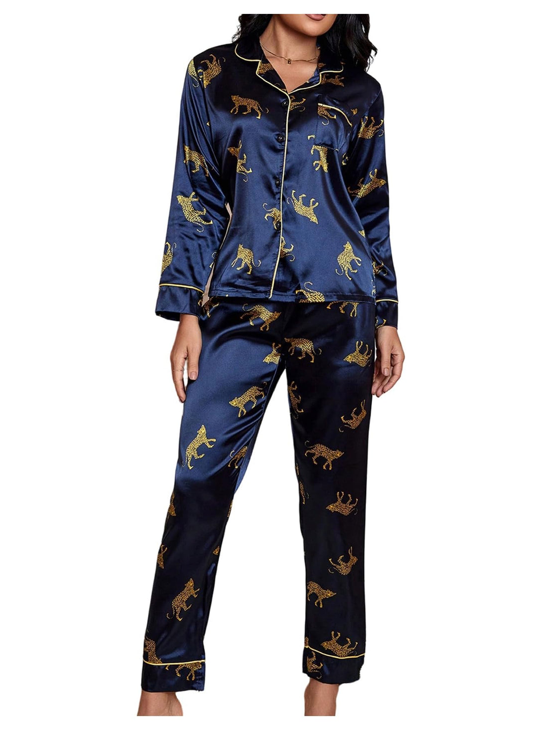 WDIRARA Women's 2 Piece Leopard Print Satin Pajama Set Lounge Sleepwear Set | Animal Print,Leopard Print Satin,Long Sleeve,Button Down,Cheetah Silk Loungewear Pj WEBE CLOTHING
