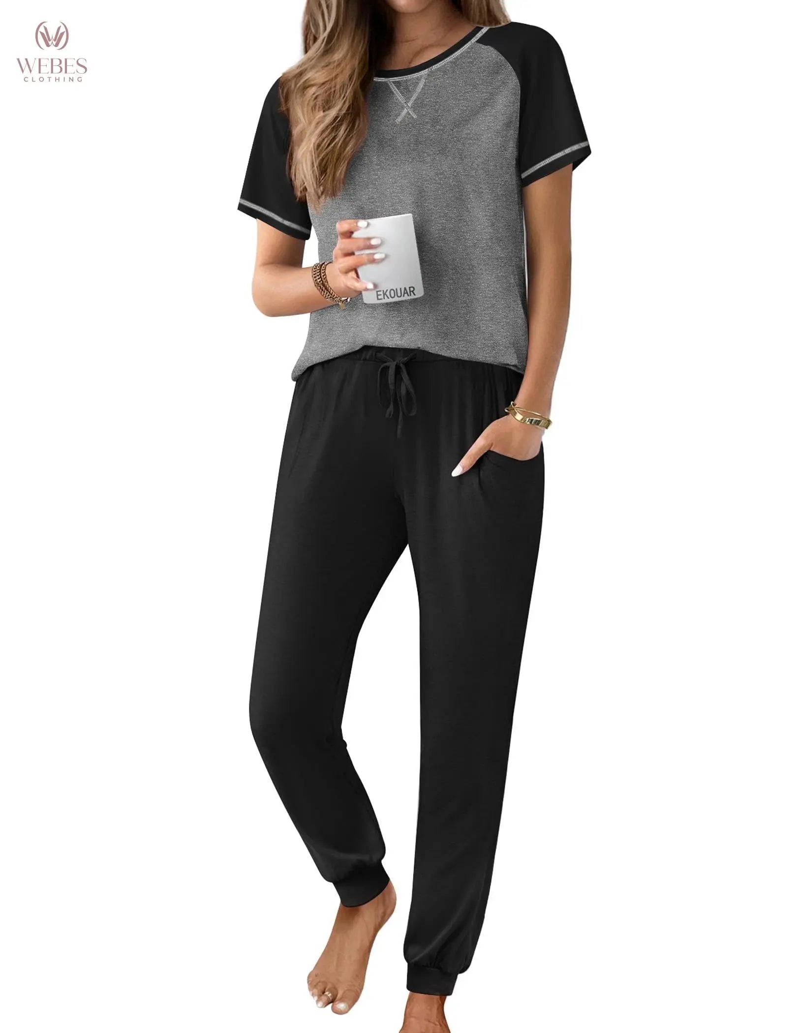 Ekouaer Pajamas for Women Set Short Sleeve PJ Set 2 Piece Jogger Pants | Soft Women Pajama Sets with Cozy Sleepwear Lounge Set Style Featuring Pockets Raglan Short Sleeve Top and Jogger Pants WEBE CLOTHING