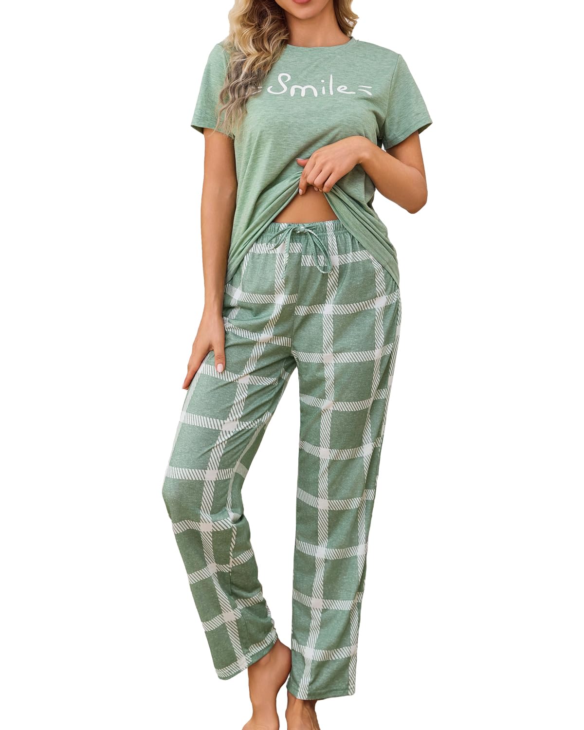 difficort Womens Pajama Sets Short Sleeve Pjs Tops with Long Pants Sleepwear Lounge Set with Pocket WEBE CLOTHING