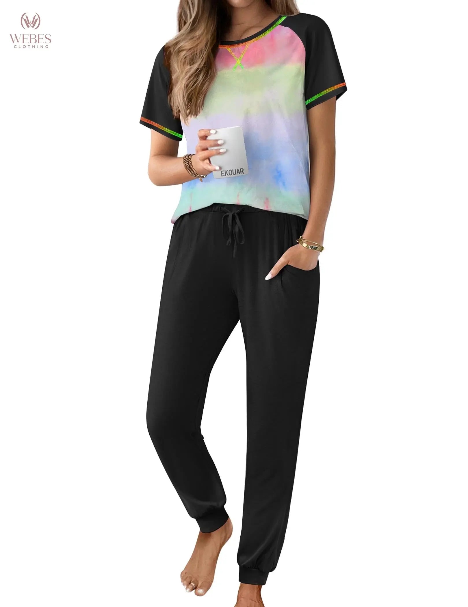 Ekouaer Pajamas for Women Set Short Sleeve PJ Set 2 Piece Jogger Pants | Soft Women Pajama Sets with Cozy Sleepwear Lounge Set Style Featuring Pockets Raglan Short Sleeve Top and Jogger Pants WEBE CLOTHING
