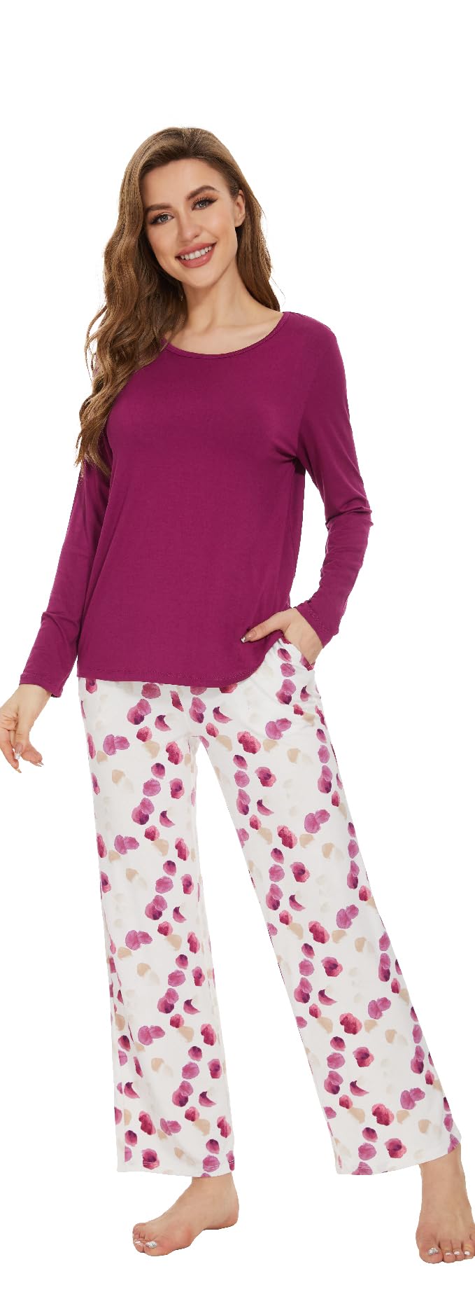WiWi Bamboo Viscose Pajama Set for Women Super Soft Long Sleeve Top with Pants Loungewear Cooling 2 Piece Pjs Sets S-XXL