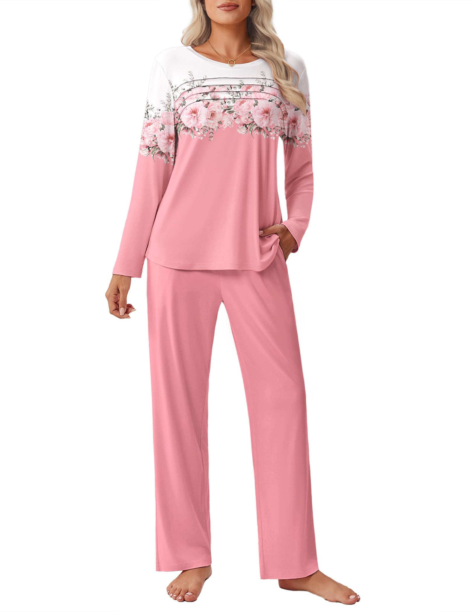 Ekouaer Womens Pajama Sets Pleated Tops with Long Pants Lounge Set Long Sleeve Fall Sleepwear Ladies Pjs S-XXL