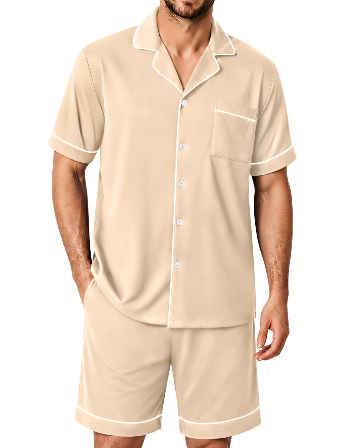 SWOMOG 100% Cotton Mens Pajama Set Short Sleeve Sleepwear Button Down Loungewear 2 PCS Cotton Pjs Set with Pockets WEBE CLOTHING