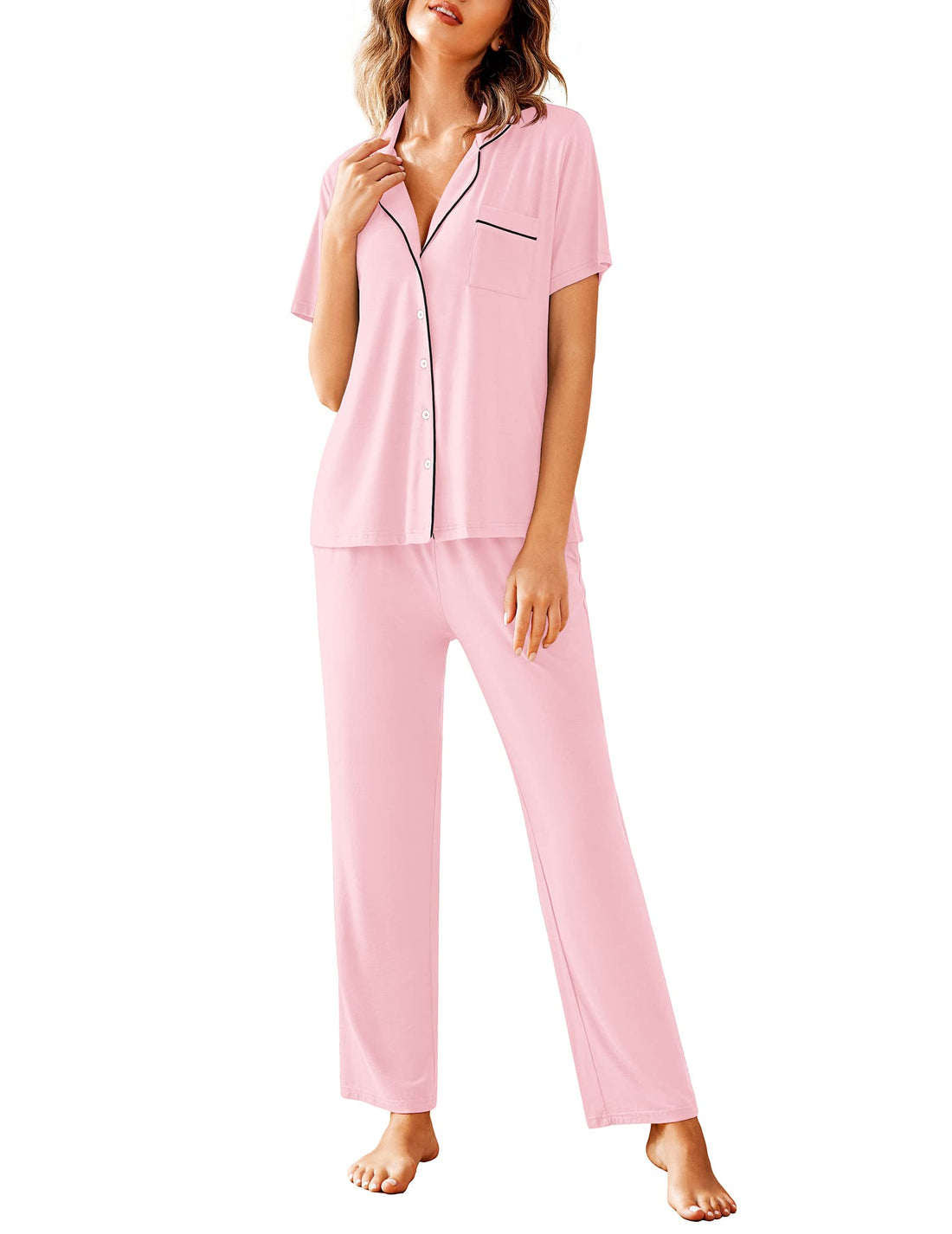 Avidlove Women Pajamas Set Notch Collar Soft Sleepwear Pjs Short Sleeve Button Down Nightwear with Long Pants WEBE CLOTHING