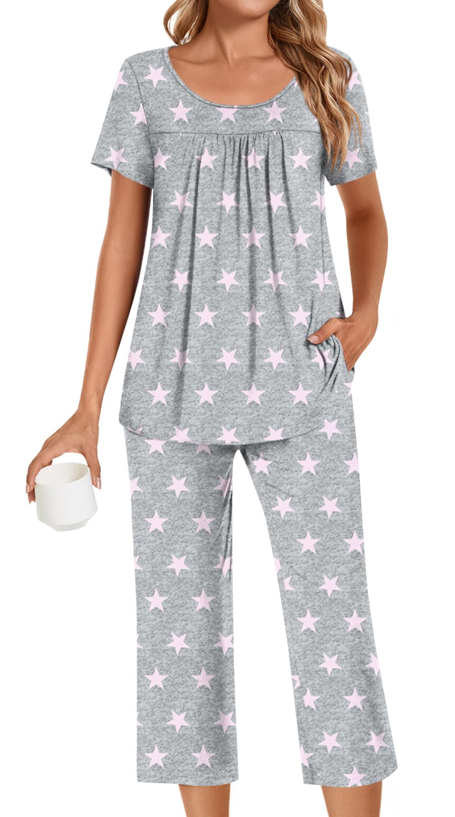 POPYOUNG Womens Pajama Sets Summer Ladies Pjs 2 Piece Loungewear Capri with Pockets Sleepwear