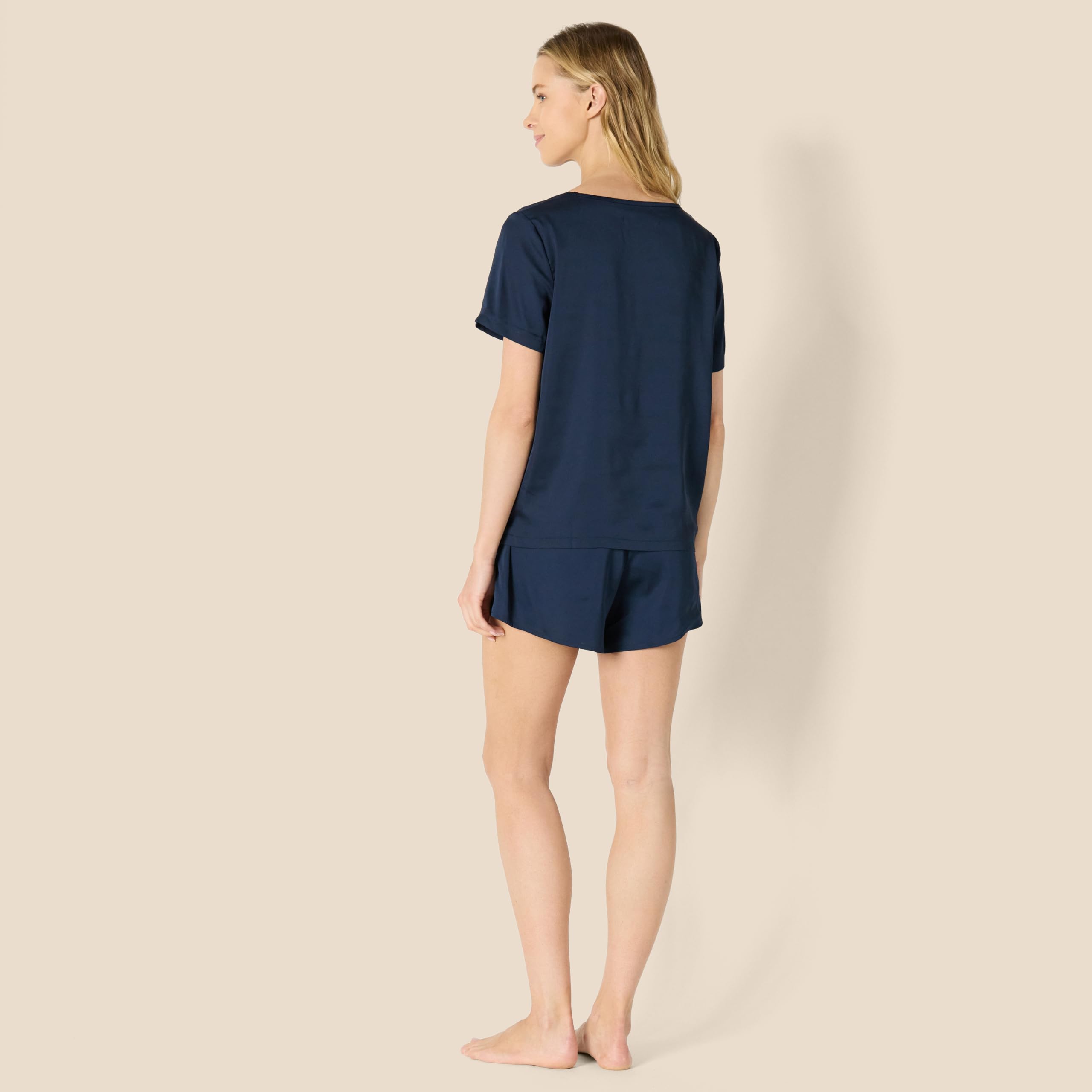 Amazon Essentials Women's Relaxed Fit Satin Short Sleeve V-Neck T-Shirt and Short Sleepwear Set