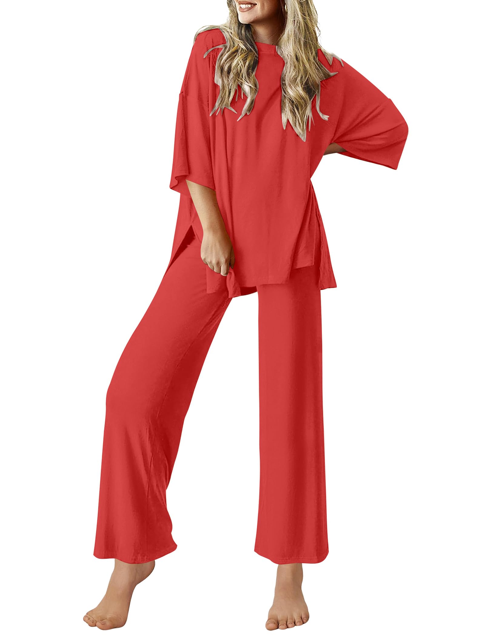Ekouaer Lounge Sets for Women Short Sleeve Tops and Long Pants Soft Comfy Pajamas Set 2 Piece Outfits