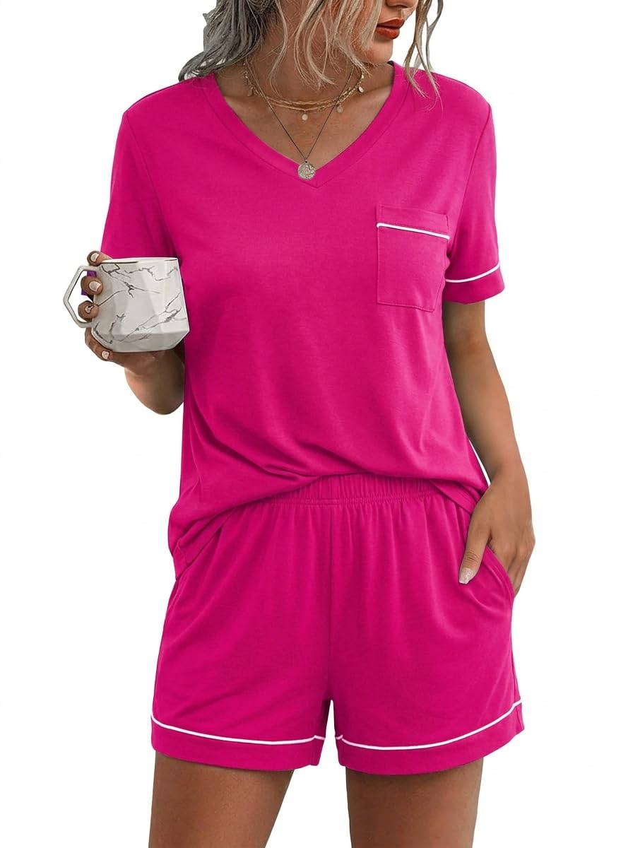 Ekouaer Pajamas for Women Set 2 Piece Short Sleeve Sleepwear Summer Tops and Shorts Pjs Lounge Set S-XXL