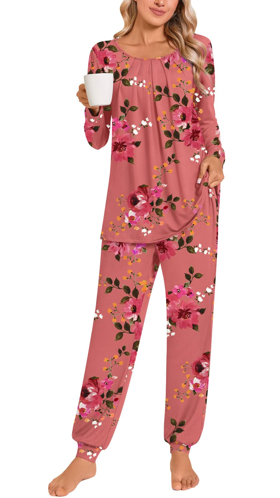 Anymeet Womens Pajama Sets Fall Winter Long Sleeve 2 Piece Sleepwear Soft Lounge Outfits with Pockets