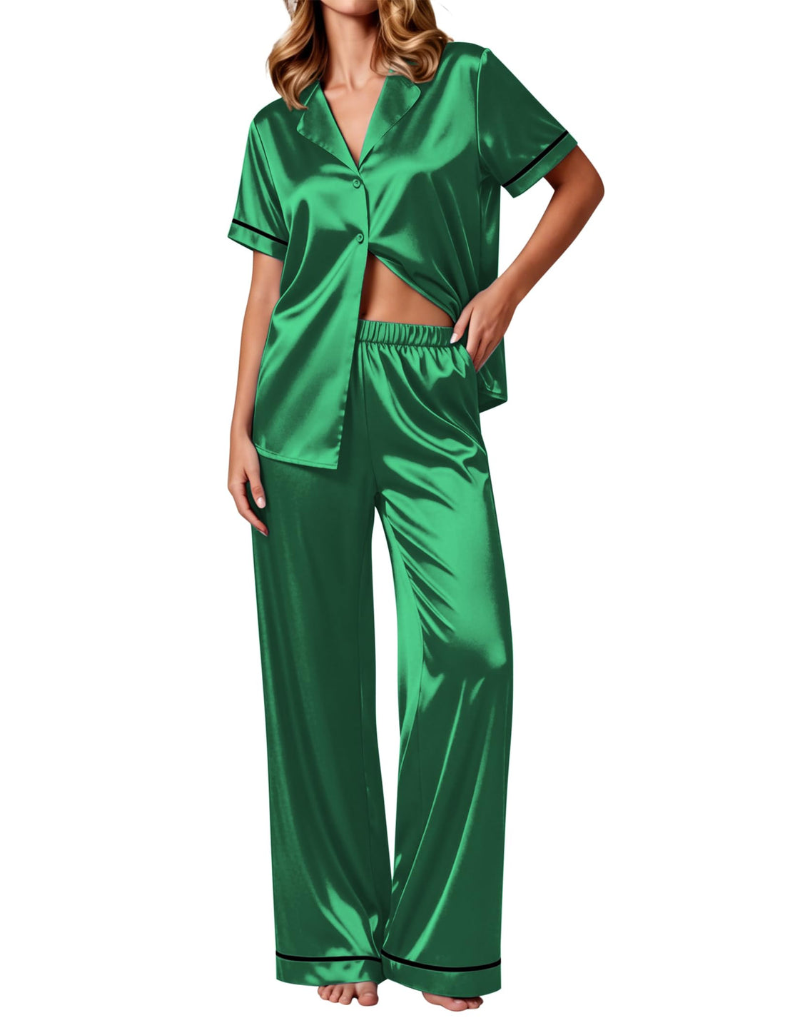 Ekouaer Women's Silk Pajamas Set Short Sleeve Satin Pjs 2 Piece Soft Loungewear with Pants Button Down Sleepwear
